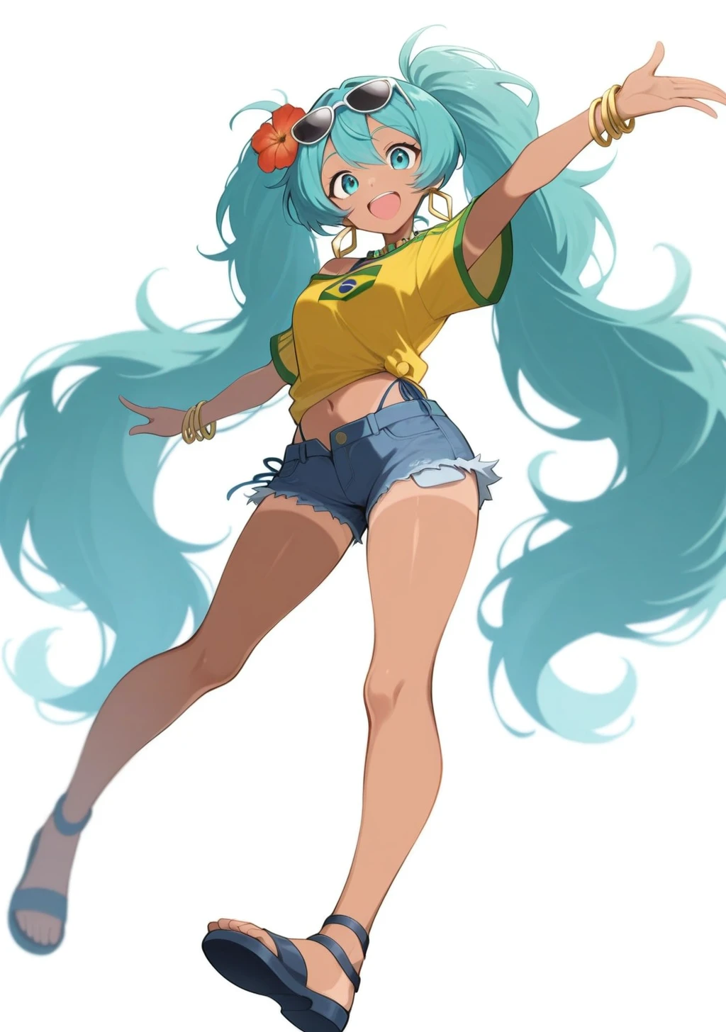 score_9, score_8_up, score_7_up, score_6_up, score_5_up, score_4_up, masterpiece, high quality, BREAK, full body, BREAK, 1girl, <lora:NOOB_vp1_detailer_by_volnovik_v1:0.8> , <lora:Brazilian_Miku_Hatsune_Miku_Vocaloid_Illustrious:0.8> brazilian miku, aqua hair, sunglasses on head, flower in hair, yellow shirt, brazil flag on shirt, denim shorts, booty shorts, tanned, 1girl, hatsune miku,