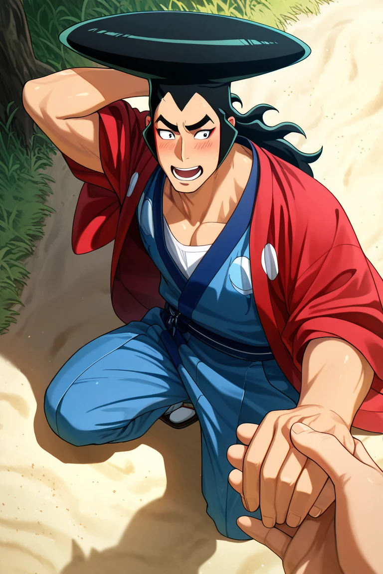 realistic shading, natural lighting, male focus, looking away, expressive face, kouzuki oden, black-bluish green_kouzuki oden_male long hair, black_kouzuki oden_eyes, red_kouzuki oden_makeup, 1boy, open mouth, slight blush, shy, one hand behind head, shiny skin, one knee kneeling, one knee up, holding handpov, holding viewer hand, romantic, summer theme, japanese clothes, cosplay, red hanten, undershirt, pants, sand, grass, shadow, tree, from above, dutch angle, dynamic angle, dynamic action, atmospheric perspective, cinematic, intricately detailed illustration, depth of field, masterpiece, best quality, amazing quality, very aesthetic, absurdres, newest, anime screencap