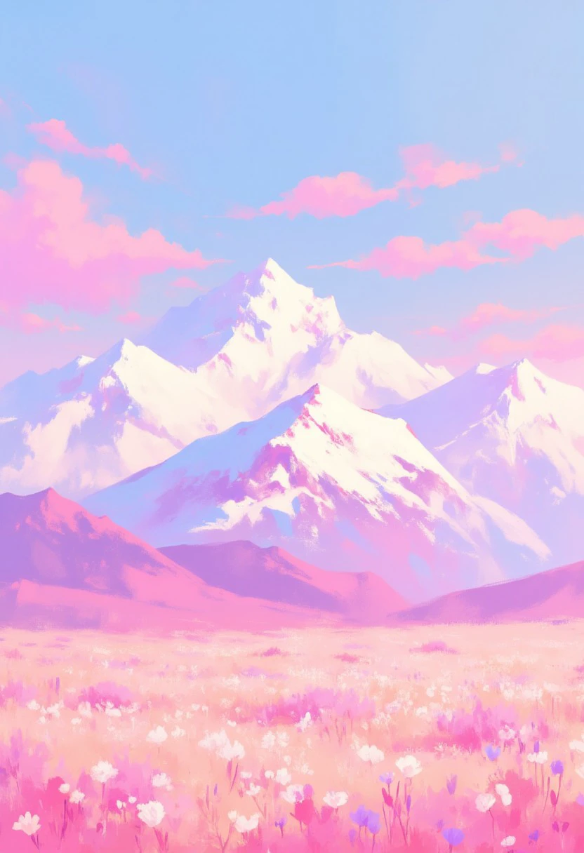 A snowy mountain range with soft pink clouds above it. A field of flowers stretching out below, soft pastel anime