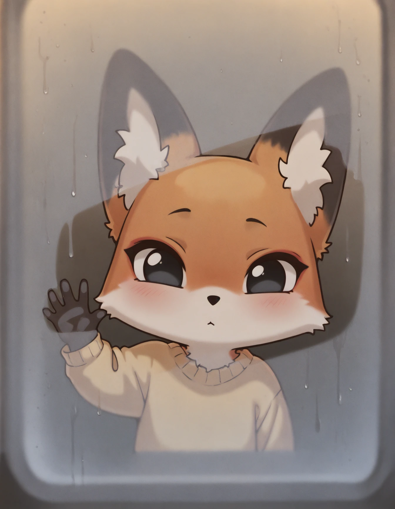 masterpiece, best quality, solo
chibi, fox, orange fur, black eyes, condensation, hand on glass, blurry, water drop, yellow sweater
<lora:glass_fog_wiping_il_d32:1>
<lora:Luna-vkst1ckrs_il:0.9>