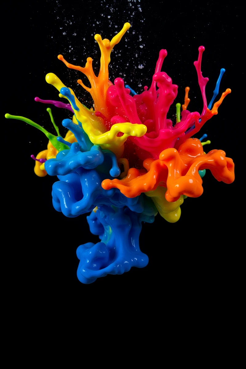 Colorful_Ink,(underwater:1.8),(Colorful ink dissolves in water:1.8),The image exhibits a striking abstract artistic effect,overflowing with an array of colors and shapes. Vibrant hues such as red,blue,and yellow populate the scene,combined with irregular lines and forms that add to the composition's dynamic appeal.,
These elements seem to flow or blend within an imaginary water medium,generating a sense of movement and life. The background,rendered in a deep black,creates a stark contrast with the colorful patterns,emphasizing their vibrancy and dynamism.,
The overall aesthetic of the image aligns with modern art,showcasing a playful yet purposeful arrangement of colors and shapes. The artist's use of vibrant hues and abstract forms conveys a sense of energy and creativity,engaging the viewer in a visually stimulating experience.,
The interplay between the chaotic patterns and the unified black background provides a balanced contrast,ensuring that the vibrant colors take center stage. Ultimately,the image presents a contemporary take on abstraction,combining color,movement,and shape to create a visually engaging and energetic artwork.,