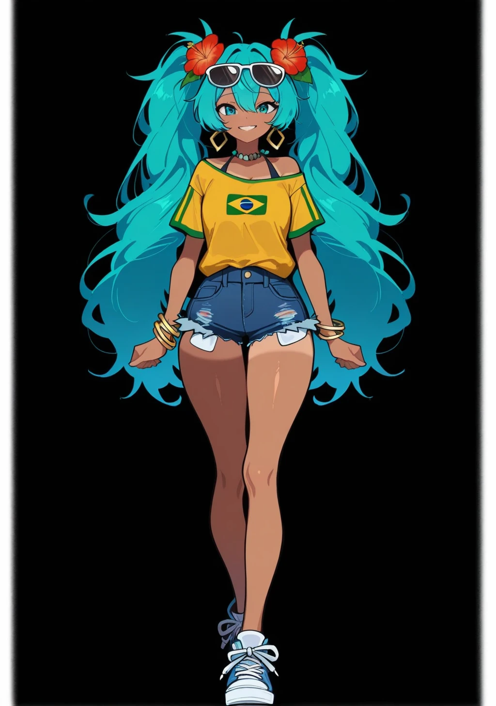 score_9, score_8_up, score_7_up, score_6_up, score_5_up, score_4_up, masterpiece, high quality, BREAK, full body, BREAK, 1girl, <lora:NOOB_vp1_detailer_by_volnovik_v1:0.8> , <lora:Brazilian_Miku_Hatsune_Miku_Vocaloid_Illustrious:0.8> brazilian miku, aqua hair, sunglasses on head, flower in hair, yellow shirt, brazil flag on shirt, denim shorts, booty shorts, tanned, 1girl, hatsune miku,
