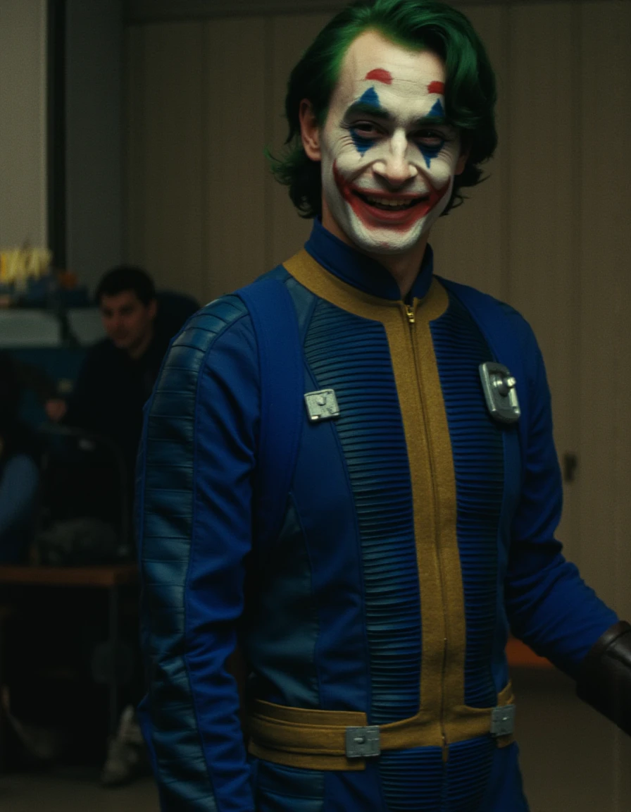 A space-faring clown with futuristic makeup, green cosmic smoke rising from his face, and high-tech attire. The background is a dark, starry galaxy.