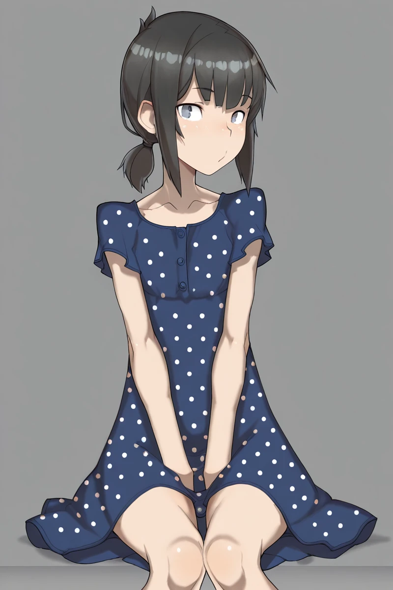 masterpiece, best quality, amazing quality,
<lora:Momotaaai_IL:1> momotaaai, 1girl, solo, polka dot dress, dress, blue dress, low ponytail, black hair, short ponytail, sidelocks, simple background, polka dot, sitting, looking at viewer