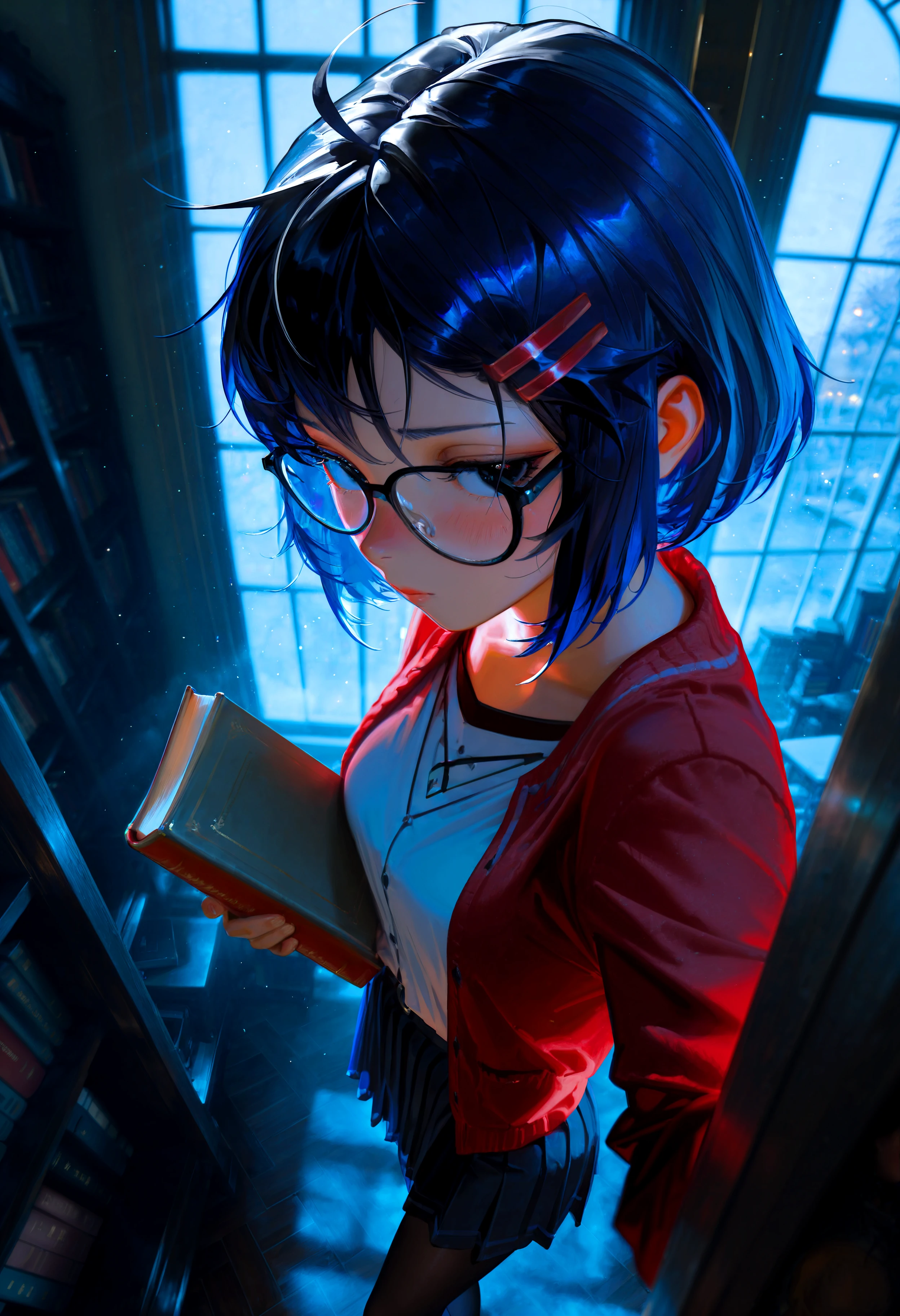 HDR, 8K, high contrast, masterpiece, best quality, amazing quality, very aesthetic, high resolution, ultra-detailed, absurdres, newest, scenery, (horikoshi kouhei:0.3), (quasarcake:0.3), (wlop:0.3), dynamic angle, light rays, from above, from side, solo, ms_mila, black eyes, blue hair, black hair, short hair, ahoge, hairclip, black-framed eyewear, white shirt, red cardigan, open clothes, skirt, pantyhose, flustered, confidence, closed mouth, seductive eyes, in heat, looking at viewer, holding book, library, books, window, fog, BREAK, photorealistic, beautiful detailed eyes, detailed skin, detailed hair, volumetric lighting, dappled light, light particles, dramatic shadows, cinematic lighting, photo background, depth of field, <lora:ponyxl\cfg_scale_boost:0.7> <lora:IL\KMS_MiSIDE_Mita_x6_IL:0.8>