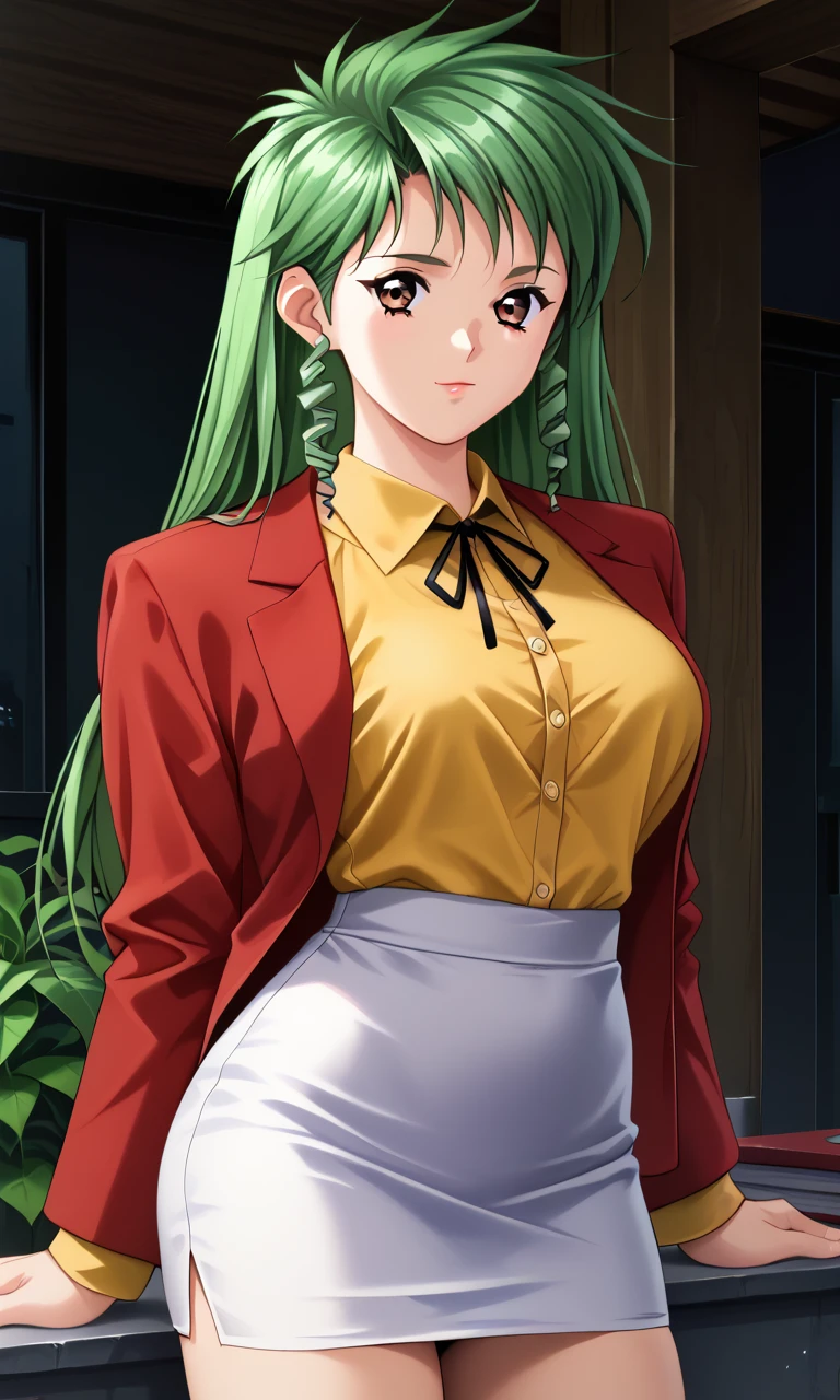 score_9, score_8_up, score_7_up, BREAK chih,long hair,brown eyes,drill hair,green hair,twin drills,red jacket,long sleeves,yellow shirt,black ribbon,white skirt,pencil skirt,<lora:sakumaorig:1>