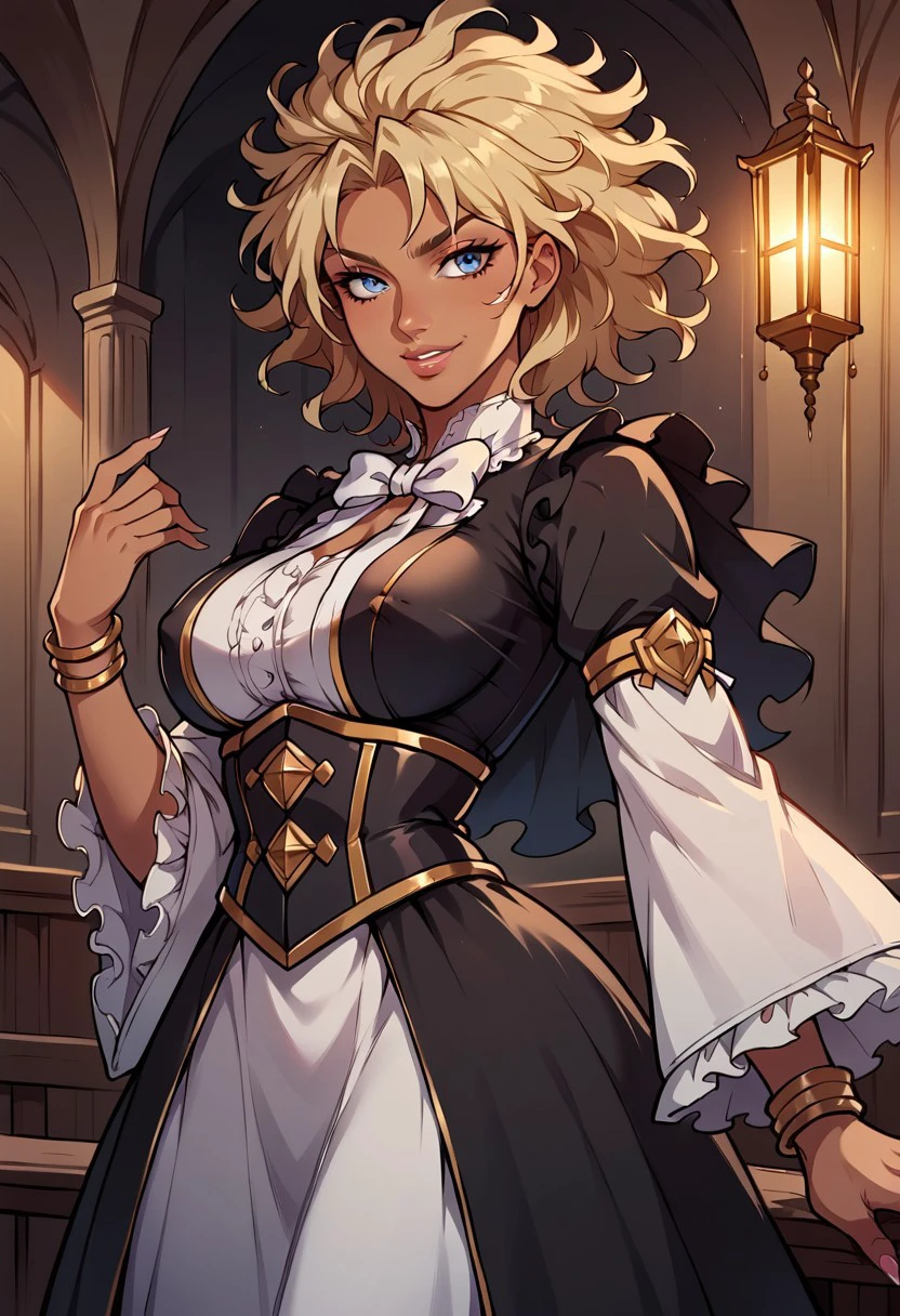 SherryCromwellTMnI, 1girl, solo, dark skinned female, blonde hair, short hair, messy hair, wavy bob, bangs, blue eyes, lips, lipstick, large breast, pitch-black dress, dress ornament, gothic style dress, frills all over the edges, lace dress, black shoes, jewelry, corset, bracelet, white bow tie, wide sleeves,
seductive pose, sexy pose, tease, in the spotlight,,
smile, indoors, jojo reference,
score_9, score_8_up, score_7_up, beautiful aesthetic, very intricate, high quality details,vibrant, highly detailed, award-winning, professional,anime artwork, anime style, studio anime, athletic, curvy body, athletic girl, perky tits,large breast,perfect tits, round breasts, nipple outline,looking at viewer, pinup pose,teasing, dynamic lighting, cinematic, smug, better than you, aura of temptation, highly detailed, high resolution, masterpiece, detailed clothes, detailed background, highly detailed, ((sound effects)) comic layout,