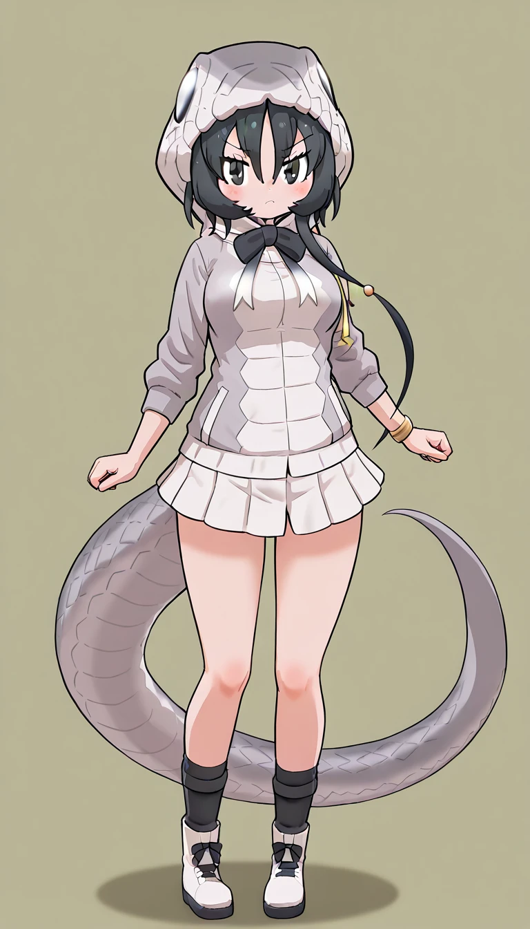 1girl, <lora:black_mamba_kf_ilxl_v1:1>, black_mamba_(kemono_friends), reptile girl, lizard tail, scales, long tail, asymmetrical hair, black hair, long hair, short hair, side ponytail, hair between eyes, black eyes, medium breasts, bkmb1st, bow, bowtie, black bow, black bowtie, hood, jacket, animal hood, hooded jacket, hoodie, two-tone hoodie, white hoodie, grey hoodie, print jacket, grey jacket, long sleeves, skirt, miniskirt, microskirt, white skirt, pleated skirt, black socks, boots, multicolored footwear, black footwear, white footwear, standing, blush, looking at viewer, tachi-e, full body, simple background, masterpiece, best quality, very aesthetic, absurdres