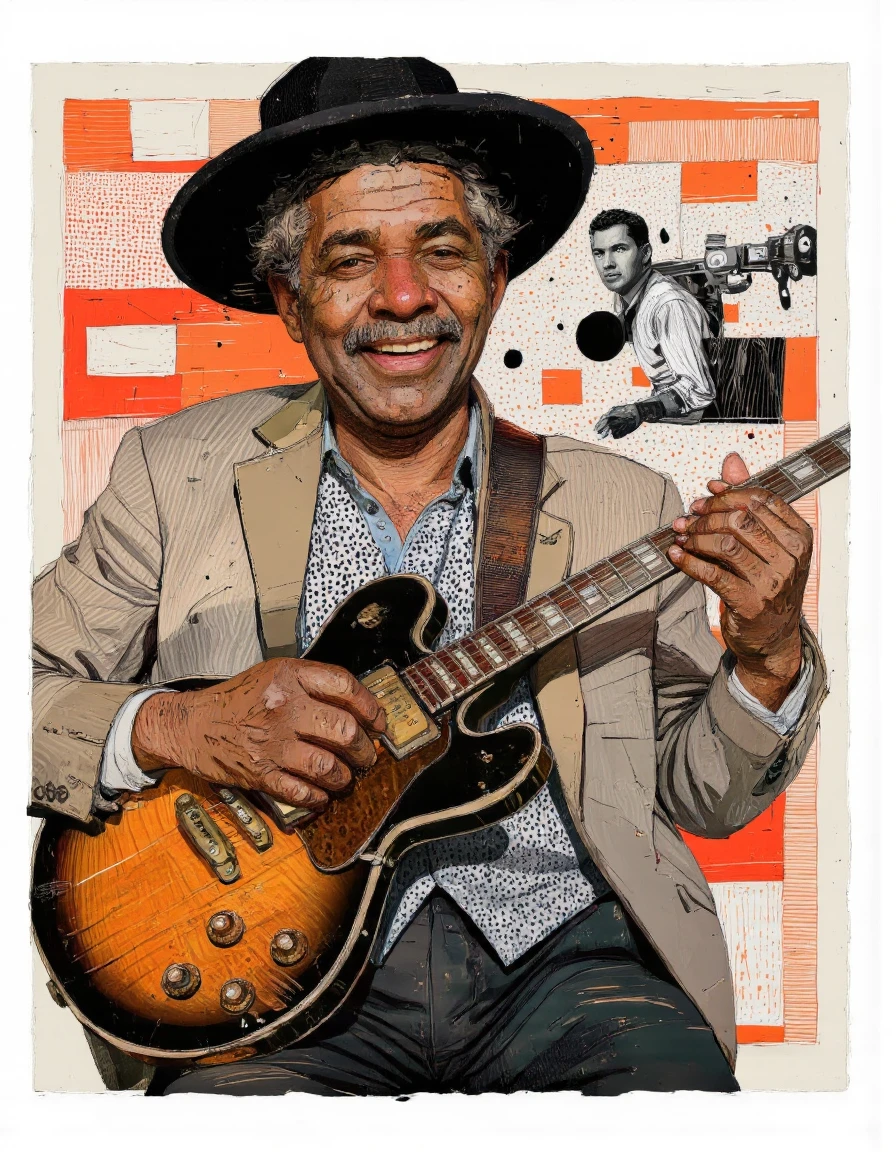 Tony Rodriguez style. This image is a digital drawing in a semi-realistic illustrative style. It depicts a middle-aged black man with a cheerful expression, playing an electric guitar. His complexion is a rich brown and he has short, curly gray hair. He wears a textured patterned shirt, and a dark blazer over a light-colored sweater. His hands are large and expressive, with visible veins, and he holds the guitar with a secure grip. The guitar is black with a glossy finish and has a sunburst pattern on the body. The strings are visible and the knobs and switches are detailed, suggesting a high-quality instrument. The background is a simple light beige. The man sits in a relaxed position, leaning back slightly. The texture of the fabric of his clothing is detailed and the overall composition exudes a sense of warmth and contentment. The image captures a moment of musical joy and leisure.This image is a digital drawing in a semi-realistic, abstract style. It depicts a close-up portrait of a middle-aged man with a rugged, weathered appearance. His skin tone is a mix of warm earthy tones, with shades of brown, red, and orange, giving a sense of age and exposure to the elements. He has a prominent, bushy mustache that contrasts with his skin tones, and his eyes are depicted in a realistic manner, with a penetrating gaze. The man is wearing a black hat, which casts a shadow over his face, adding to the ruggedness of his appearance. His clothing is minimalistic, with a white shirt visible at the collar and a dark jacket sleeve peeking out on the right side. 
The background is a chaotic mix of geometric shapes, lines, and colors, primarily in shades of orange, red, and black, which creates a sense of depth and movement. The abstract elements add texture and contrast to the portrait, making it stand out against the busy background. The overall style is dynamic and expressive, capturing the essence of a tough, determined individual. The image is framed with a white border, which contrasts with the rich, vibrant colors within the drawing. <lora:Tony_Rodriguez_7:0.85>