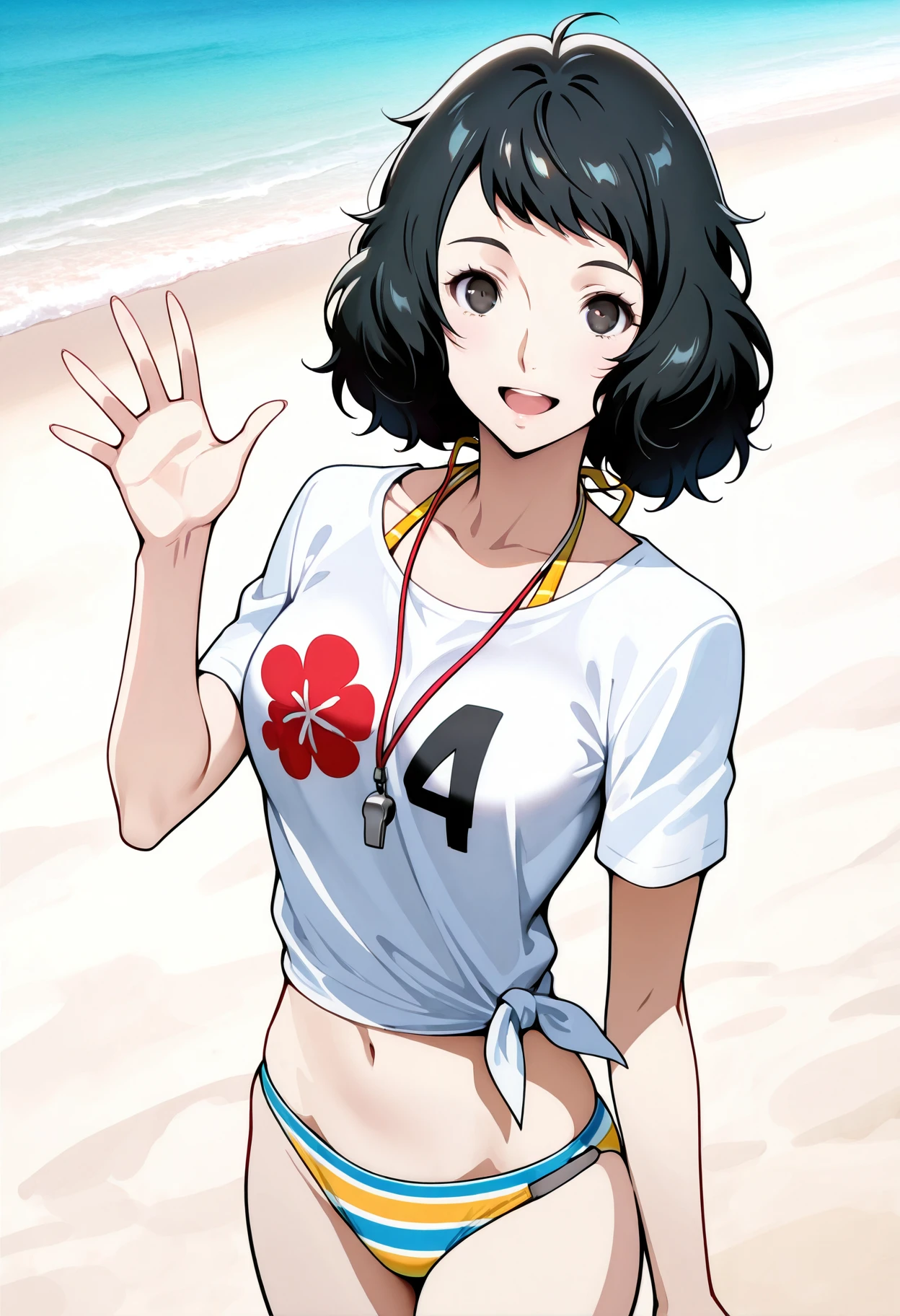 1 girl, solo, cute face,
p5kawakami, black hair,
p5kawakami-swim, t-shirt, tied shirt, whistle, bikini bottom only, striped bikini,
beach, outside, ocean, happy, looking at viewer, waving,
masterpiece, best quality, ultra detailed,