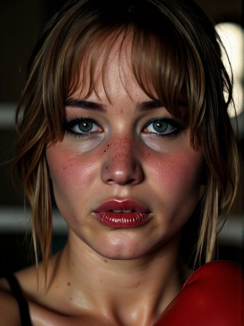 <lora:Jennifer_Lawrence_Ca2011:1> woman <lora:zz_s_Fluxartis:0.5> A highly detailed cinematic photography, looking directly at the viewer, looking directly at the camera, making eye contact, looking straight ahead, as a boxer, gritty, dirty, bloody, swolen lip, bruised eye socket, sweaty, film still, action scene, in a boxing match, in an old boxing ring, back room somewhere in south america, boxing someone who is bigger and stronger <lora:zz_s_Stylish_Lighting:0.5>âââ