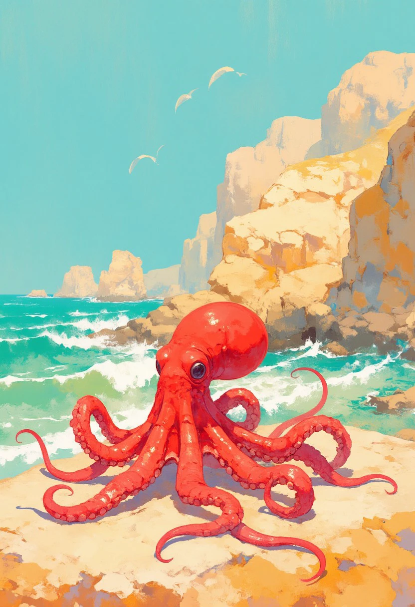 A red octopus on a rock amids the cliffside waves,soft pastel anime