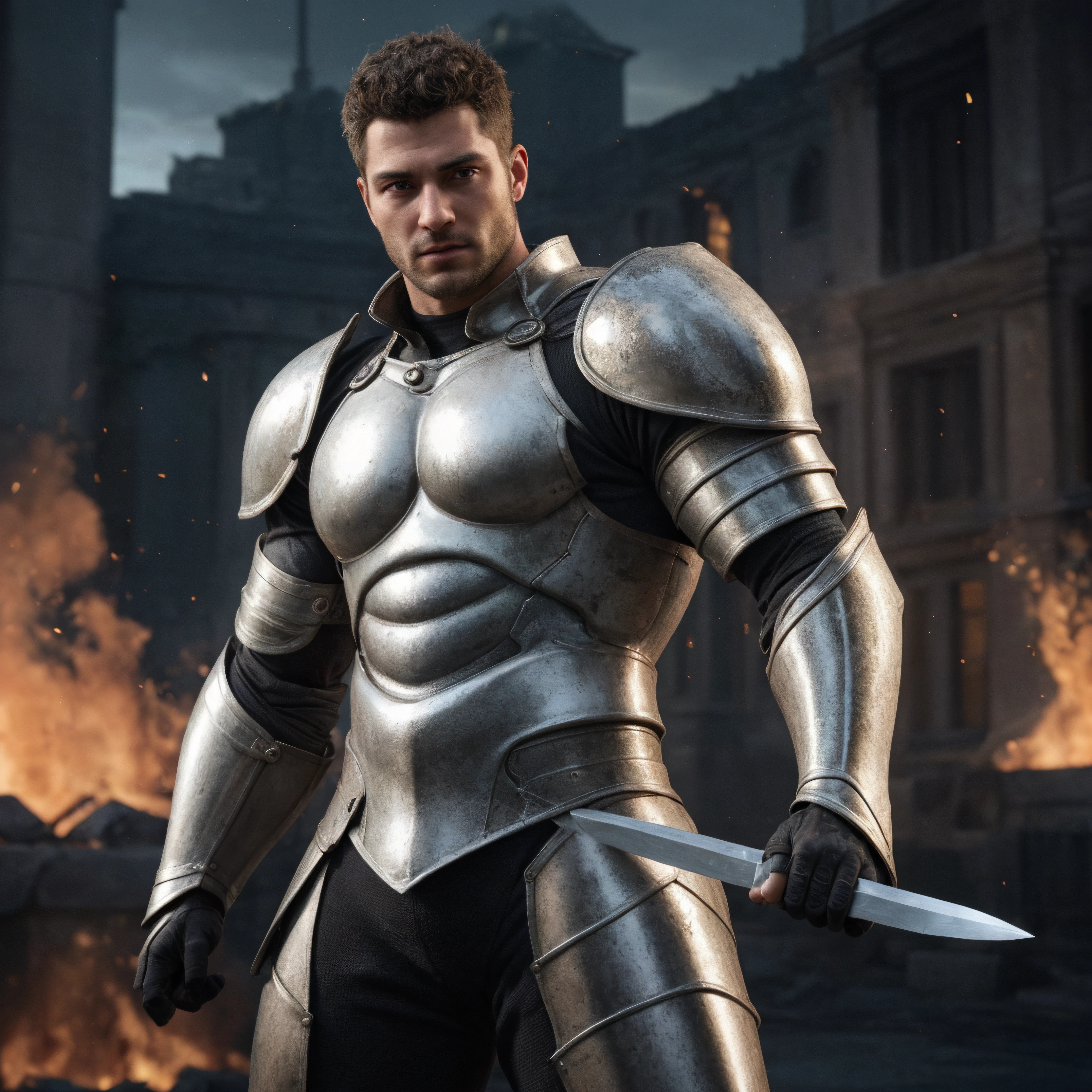 male focus, face beauty, muscular body, hunk, realistic, 8K, ultra quality, elegant, highly detailed, ultra realistic, photograph, Realistic detailed photograph (italian man), emb3r4rmor, wearing embers knight armor, burning, glowing, dynamic pose, fighting stance, fantasy city background, holding sword,, best quality, masterpiece, highly detailed, realistic, (detailed background), depth of field, soft focus, intricate details, 8k, cartoon, 3d, unreal engine 5, photo of a man, <lora:Bighunkmale:0.22>