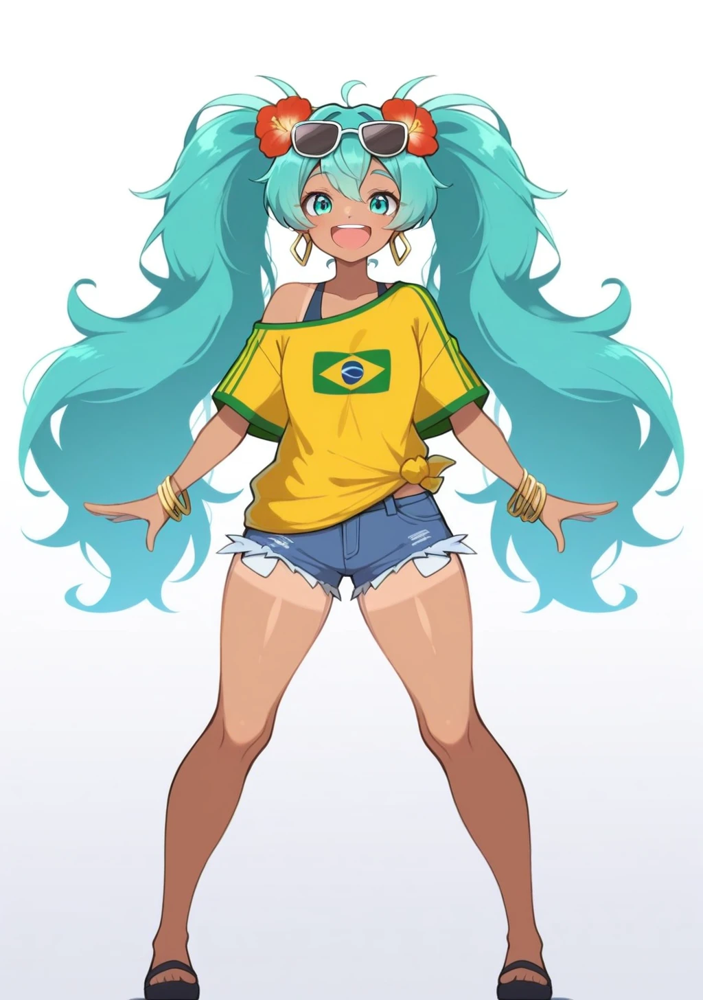score_9, score_8_up, score_7_up, score_6_up, score_5_up, score_4_up, masterpiece, high quality, BREAK, full body, BREAK, 1girl, <lora:NOOB_vp1_detailer_by_volnovik_v1:0.8> , <lora:Brazilian_Miku_Hatsune_Miku_Vocaloid_Illustrious:0.8> brazilian miku, aqua hair, sunglasses on head, flower in hair, yellow shirt, brazil flag on shirt, denim shorts, booty shorts, tanned, 1girl, hatsune miku,