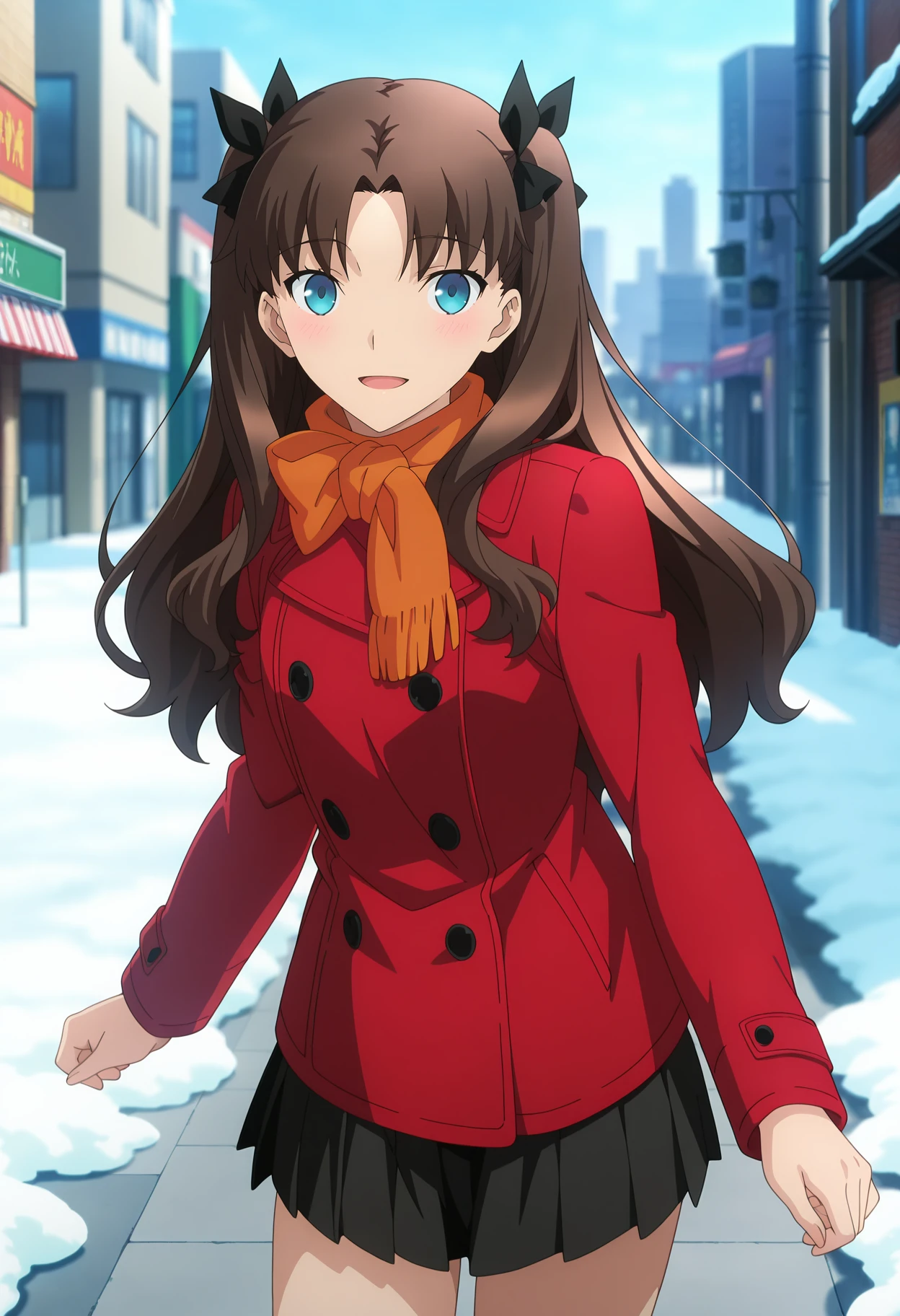 anime screencap, masterpiece, best quality,
<lora:FateStayNightUBW_TohsakaRin_IlluXL:0.9>,
1girl, solo, open mouth, light smile, blush,
brown hair, two side up, parted bangs, blue eyes, hair ribbon, black ribbon,
RinCoat, red coat, black skirt, long sleeves, pleated skirt, orange scarf, buttons,
looking at viewer, cowboy shot,
blurry background, city, street, snow, day