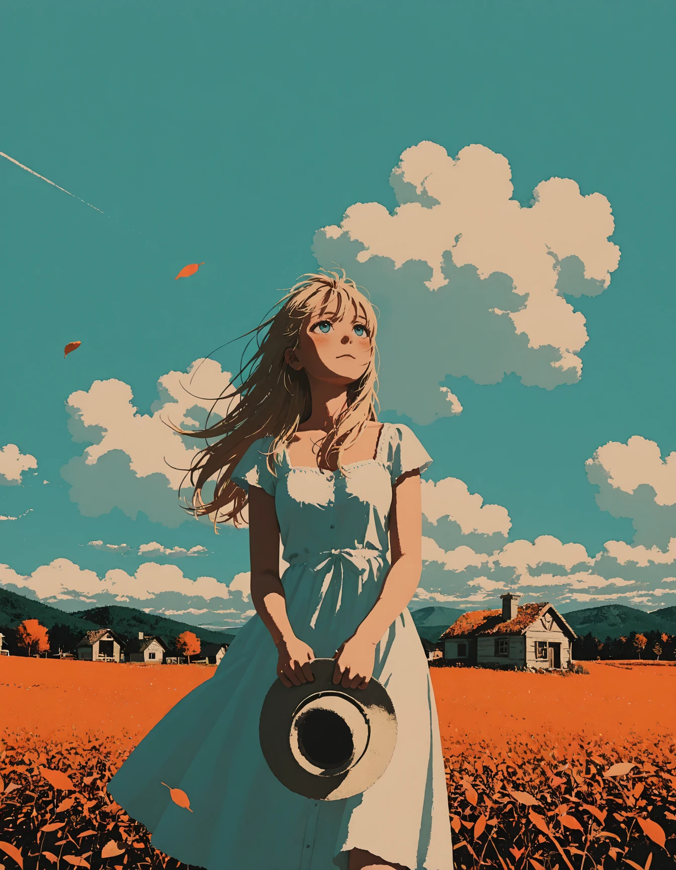 masterpiece, best quality, 1girl, standing, blonde hair, long hair, hat, hair with wind, looking up, blue eyes, blush, closed mouth, hands holding own hat, white dress, cowboy shot, small house in background, on a hill, countryside, flying leaves, calm, peaceful, wind, blue sky, clouds, sunny, anime coloring, anime screencap, orange theme, <lora:dcr34sed-c0l0ring-20:0.8> dcr34sed_c0l0ring,