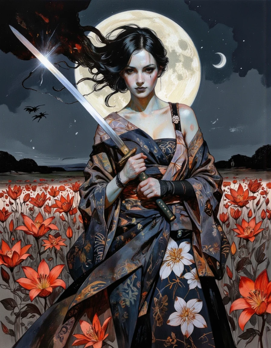 A dynamic portrait of a mysterious swordswoman with jet-black hair and black lipstick, her eyes glowing with an inner fire. She wears a flowing kimono with a dark floral pattern, standing in a field of red spider lilies under a blood moon. The style is highly detailed, with intense lighting and dramatic shadows, evoking a sense of danger and beauty. <lora:Comic_book_opus_3:1>