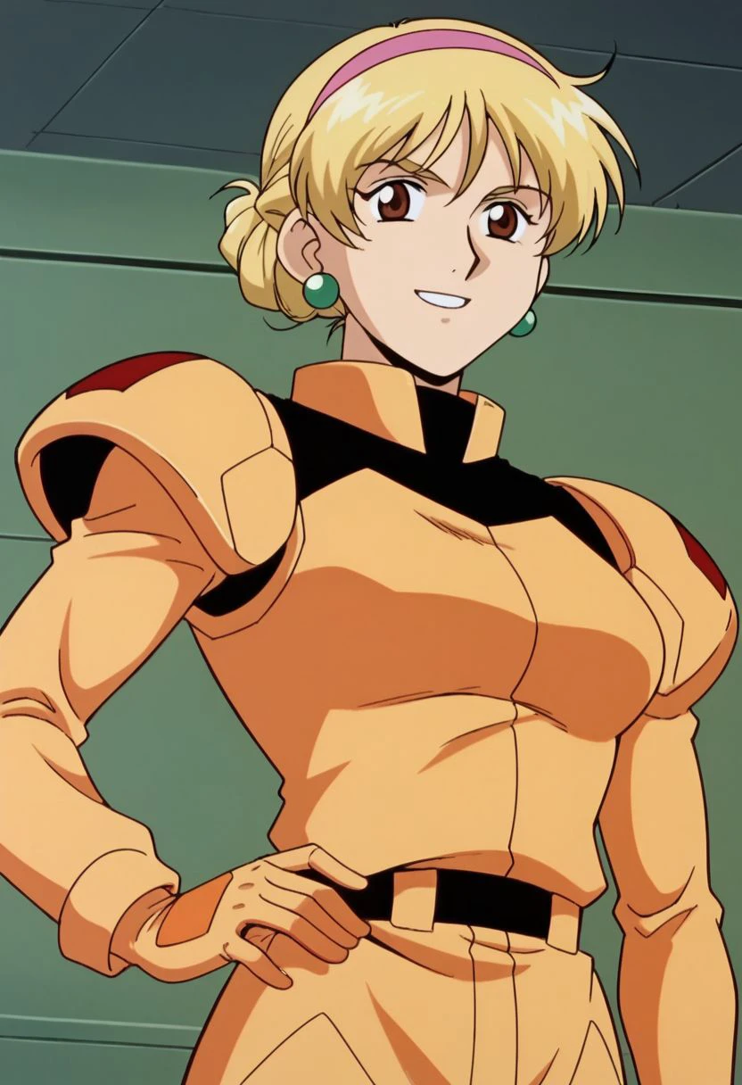 score_9, score_8_up, score_7_up, score_6_up, source_anime, anime coloring, retro artstyle, 1990s \(style\), BREAK 1girl, solo, katejina loos. blonde hair, short hair, single bun, french braid, pink hairband, brown eyes, medium breasts, earrings, BREAK mecha pilot suit, orange bodysuit, long sleeves, orange gloves, BREAK looking at viewer, smile, hand on hip, (indoors), upper body, BREAK 4KUHD, (masterpiece, best quality, highly detailed, absurdres), <lora:katejina_gdmv_pony:0.8>
