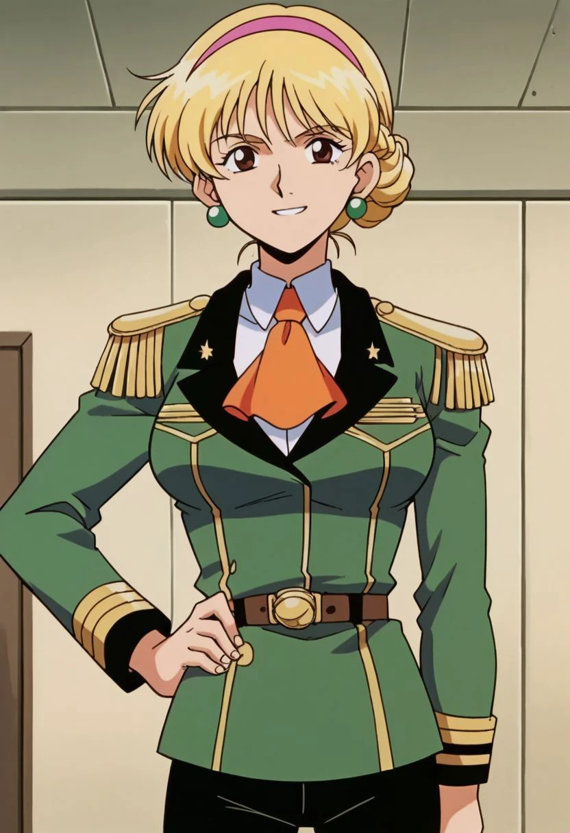 score_9, score_8_up, score_7_up, score_6_up, source_anime, anime coloring, retro artstyle, 1990s \(style\), BREAK 1girl, solo, katejina loos. blonde hair, short hair, single bun, french braid, pink hairband, brown eyes, medium breasts, earrings, BREAK military uniform, jacket, long sleeves, epaulettes, white shirt, orange ascot, belt, black pants,, BREAK looking at viewer, smile, hand on hip, (indoors), upper body, BREAK 4KUHD, (masterpiece, best quality, highly detailed, absurdres), <lora:katejina_gdmv_pony:0.8>