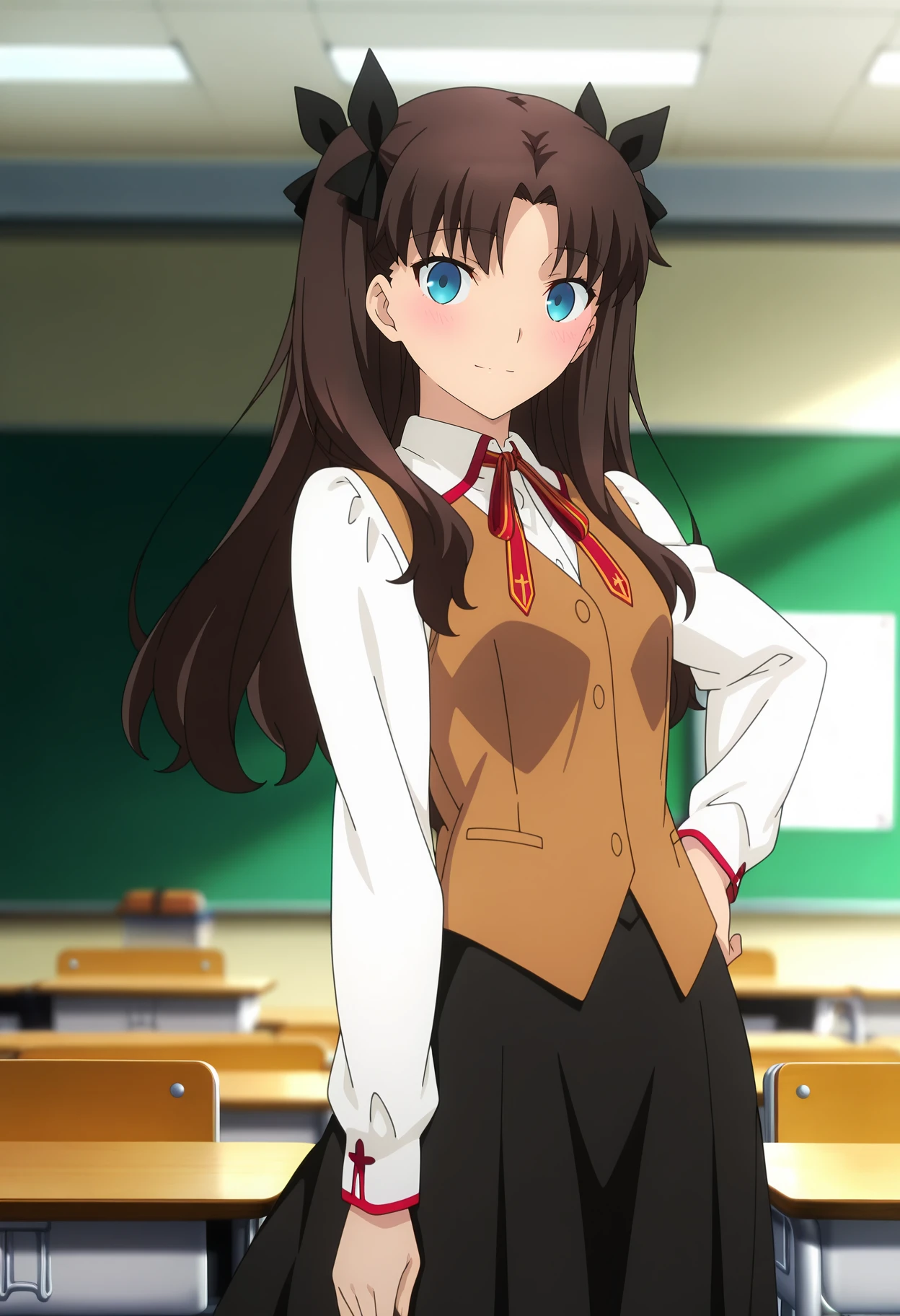 anime screencap, masterpiece, best quality,
<lora:FateStayNightUBW_TohsakaRin_IlluXL:0.9>,
1girl, solo, light smile, blush,
brown hair, two side up, parted bangs, blue eyes, hair ribbon, black ribbon,
RinSchoolUniform, white shirt, collared shirt, brown vest, black skirt, long sleeves, long skirt, neck ribbon, red ribbon,
arm at side, looking at viewer, cowboy shot, hand on own hip,
indoors, classroom, blurry background