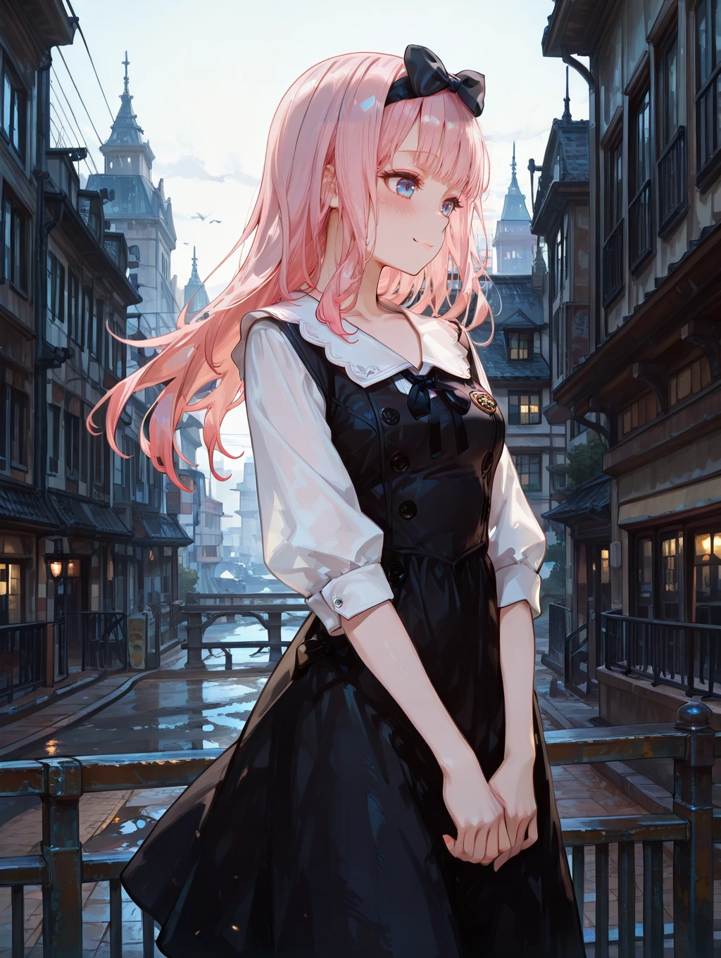 perfect quality,high quality,masterpiece,best quality,amazing quality,very aesthetic,absurdres,Cinematic Lighting,newest,Tactical use of shadow,
1girl,solo,long hair,pink hair,bangs,blunt bangs,bow,hair bow,black bow,blue eyes,FujiwaraChikaCYQL,,
lookingatviewer,railing,shortsleeves,outdoors,scenery,building,skirt,dress,breasts,dutchangle,closedmouth,jewelry,smallbreasts,collarbone,smile,city,blush,wind,ribbon,,
usnr,748cmstyle,<lora:USNR STYLE_XL_loha:0.45>,<lora:DarkerThanBlackIllustrious:0.5>,<lora:spo_sdxl_10ep_4k-data_lora_webui:0.6>,<lora:illustrious_all_rated_v1:0.7>,<lora:748cmSDXL:0.8>,<lora:illustrious_quality_modifiers_masterpieces_v1:0.9>,,<lora:lora.by_tusi:1>,