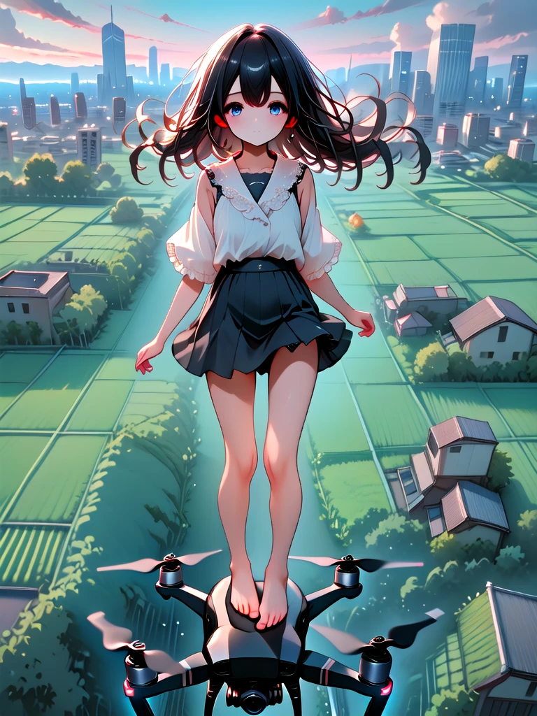 ((standling on aerial drone)), ((upper body)), vanishing point, perspective, milf, 1girl, collared shirt, miniskirt, barefoot, floating hair, wind, horizon, skyline, scenery, cityscape, looking at viewer, from below, dutch angle, <lora:girllikeaerialdrone:1>