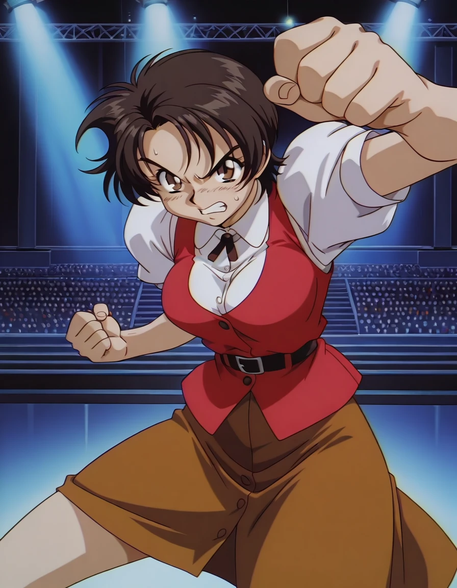 <lora:variable-geo-ova-illustrious-000010-v2:0.9> yajima satomi, puffy white sleeves, red vest, belt, brown skirt,
1girl, solo, incoming attack, angry, clenched teeth, stage, stage lights