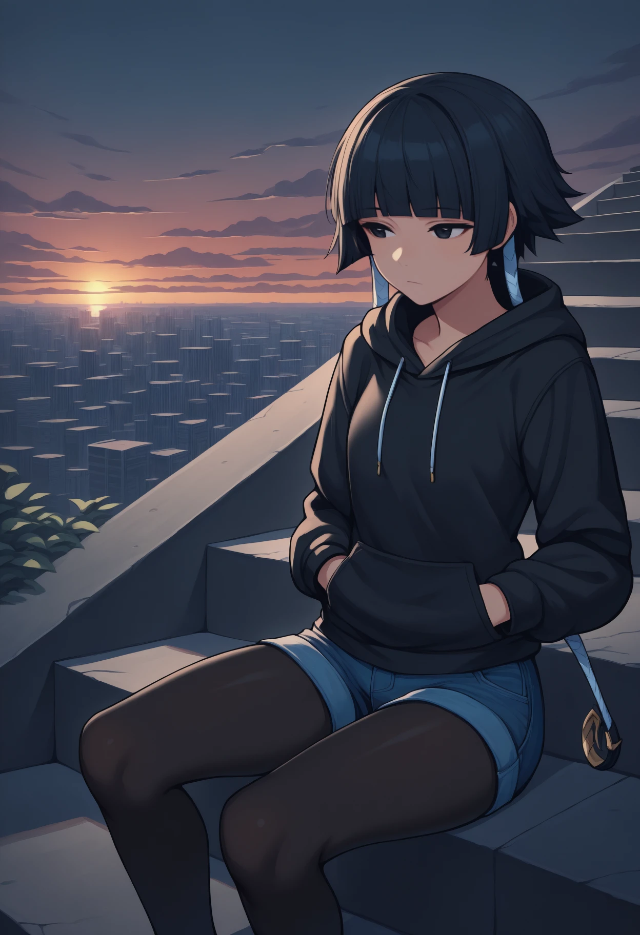 anime, masterpiece, best quality, feet out of frame, solo, 1girl, expressionless, looking away, sitting, on stairs, hands in pockets, black hair, short hair with long locks, blunt bangs, black eyes, black hoodie, hood down, drawstring, long sleeves, blue shorts, denim shorts, black pantyhose, outdoors, sunset, cloud, cityscape, river
<segment:yolo-Anzhc Face seg 640 v2 y8n.pt,0.4,0.5//cid=1>