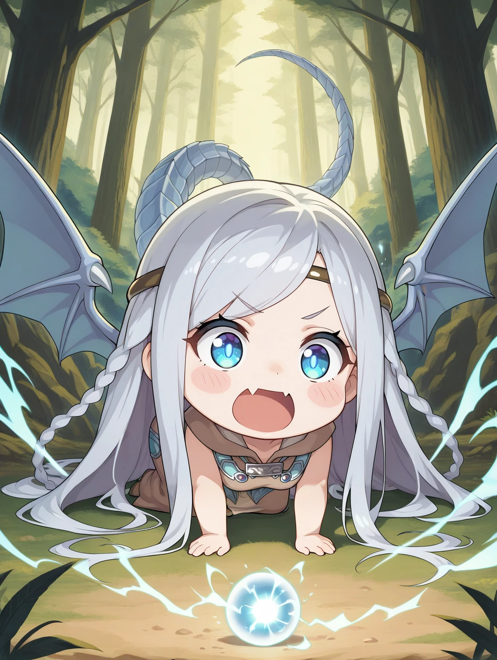 maiden with eyes of blue, 1girl, open mouth, , chibi, solo,  glowing eyes, brown dress, brown circlet, forest, skin fangs, dragon wings, energy ball, blush stickers, 
masterpiece,best quality,amazing quality,very aesthetic,absurdres,newest, <lora:Maiden with Eyes of Blue illuXL v1.11:0.7>