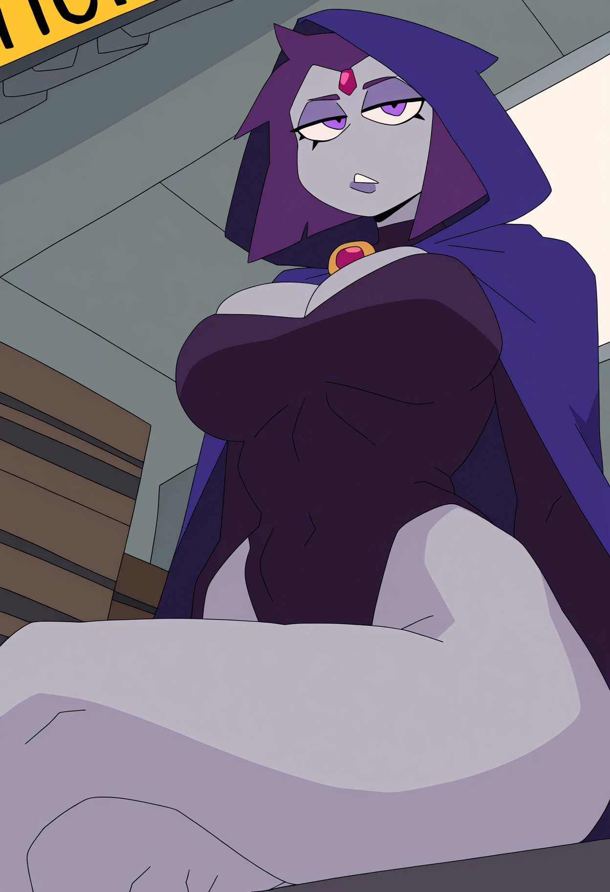 (solo:1.1),(masterpiece), (best quality:1.3), ultra detailed, intricate, professional art, digital art, absurdres, shadraven, 1girl, solo, (grey skin:1.4), dark purple hair, futanari, detailed thighs, genitalia outline on clothing, red jewel in forhead, male genitalia, huge bulge, genitalia outline, huge crotch bulge, detailed genitalia outline, futanari Shadraven wearing cloak and leotard with jewels posing outside at night ,universal lighting, shadraven shoes, from bellow view