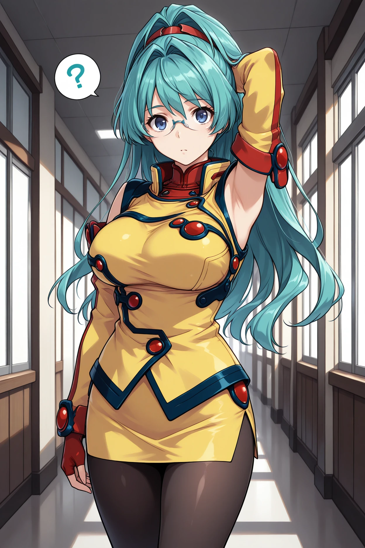 masterpiece, best quality, 1girl, solo, <lora:srtangelica-illu-nvwls-v1-000005:1> srtagc, aqua hair, hair intakes, high ponytail, long hair, blue eyes, glasses, turtleneck, yellow uniform, sleeveless shirt, yellow skirt, red gloves, fingerless gloves, detached sleeves, black pantyhose, large breasts, arm up, arm behind head, armpit, looking at viewer, confused, spoken question mark, hallway