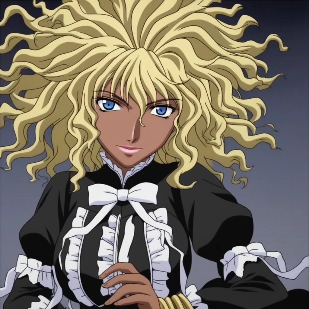 SherryCromwellTMnI, 1girl, solo, dark skinned female, blonde hair, short hair, messy hair, wavy bob, bangs, blue eyes, lips, lipstick, large breast, pitch-black dress, dress ornament, gothic style dress, frills all over the edges, lace dress, black shoes, jewelry, corset, bracelet, white bow tie, wide sleeves, smile,