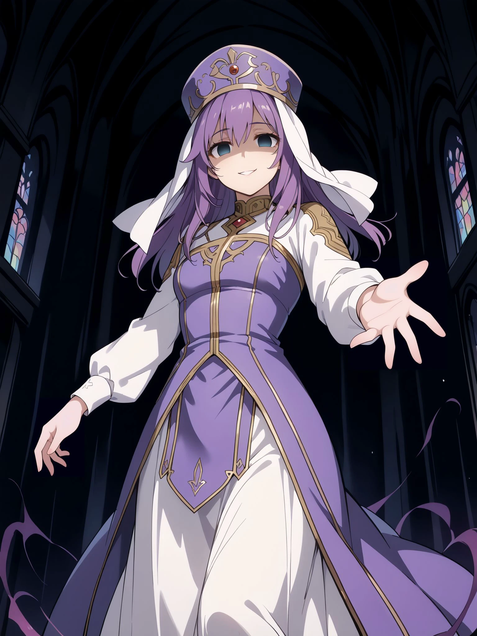 masterpiece,best_quality,1girl,solo,<lora:eremiya feh_illustriousXL:0.8>,eremiya feh,hat,long dress,cowboy shot,standing,smile,shaded face,empty eyes,reaching towards viewer,church,looking at viewer,dark background,(dark aura:1.2)