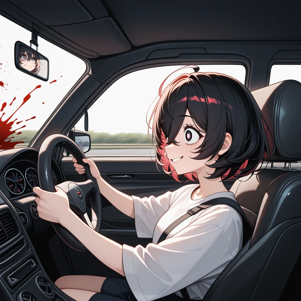 <lora:Driving_-_IL:0.8> dr1v3, car interior, motor vehicle, steering wheel, driving, sitting, 1girl, solo, blood splatter, wide eyes, smile, masterpiece, best quality, good quality, newest