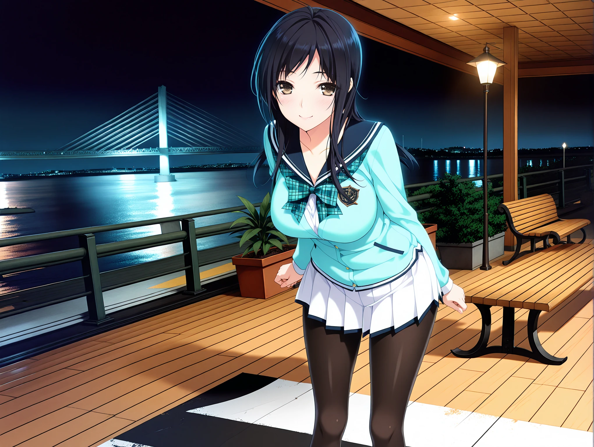 masterpiece,best quality,amazing quality,solo,1girl,<lora:wakoto_ilxl_v1.3:1>,wakoto,black hair,long hair,brown eyes,w_clothes,school uniform,navy sailor,plaid bow,light blue cardigan,white skirt,black pantyhose,loafers,<lora:commercial_facility00_ilxl_v1:1>,c_f00,<lora:Fixhands_anime_bdsqlsz_V1:1>,
night,night sky,sky,bridge,ocean,
bench,english text,ceiling light,city lights,crosswalk,dark,lamp,lamppost,cityscape,
wooden floor,
potted plant,
looking_at_viewer,upper_body,light_blush,smile,