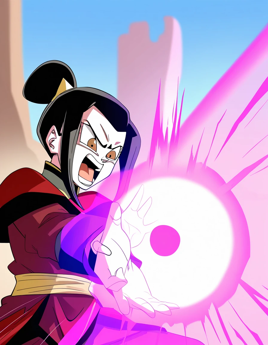 masterpiece, best quality, newest, absurdres, highres, safe,, <lora:azula-book2-ponyxl-lora-nochekaiser:1>, azula, black hair, brown eyes, topknot, sidelocks, hair bun, single hair bun, medium breasts, <lora:kamehameha-illustriousxl-lora-nochekaiser:1>, kamehameha, kamehameha (dragon ball), open mouth, outstrecthed arms, torn clothes, shouting, from side, energy, energy ball, outdoors, wasteland, cowboy shot,