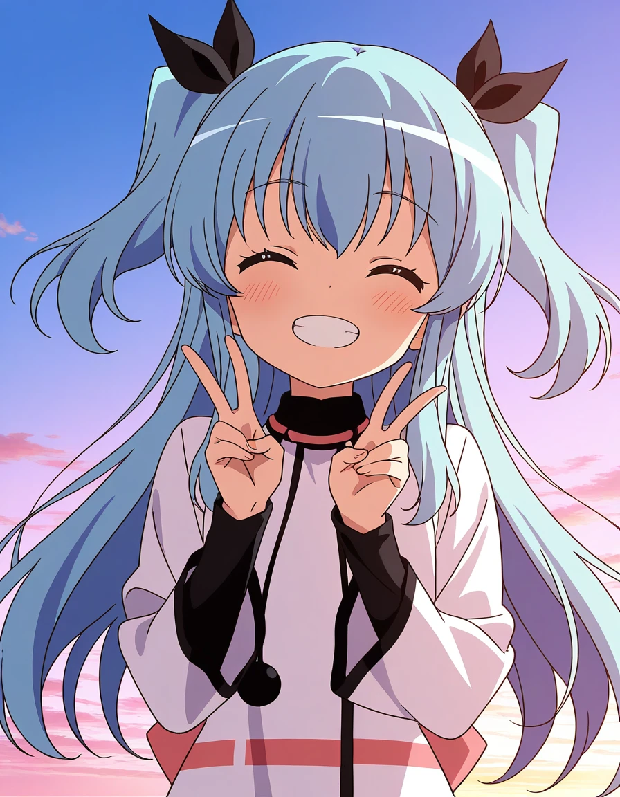 general,highres, ultra-detailed,very aesthetic,best quality ,best hands, BREAK, <lora:Noel_IS:1> Noel, 1girl,solo, long hair, blue hair, two side up, blue eyes, hair ribbon, black ribbon,bangs, 2020s (style), anime coloring,
closed eyes, sky, upper body, ^_^, teeth, long sleeves, blush, dress, white dress, black ribbon,
peace, v,