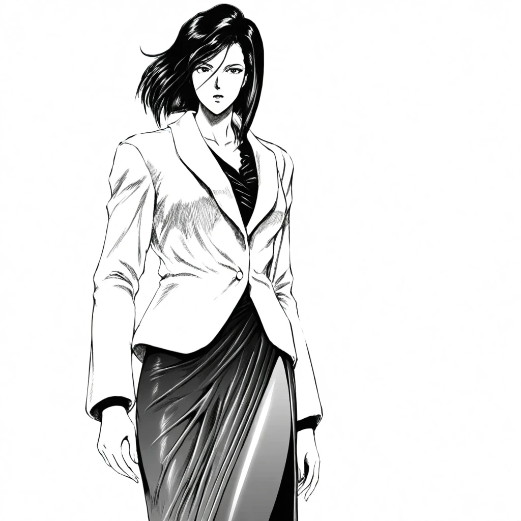 saeko, greyscale, monochrome, short hair, White blazer, black shirt, side slit, skirt, pantyhose, cowboy shot, standing straight,