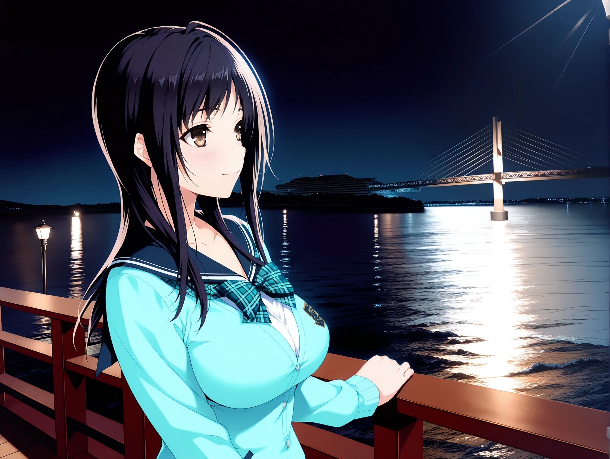 masterpiece,best quality,amazing quality,solo,1girl,<lora:wakoto_ilxl_v1.3:1>,wakoto,black hair,long hair,brown eyes,w_clothes,school uniform,navy sailor,plaid bow,light blue cardigan,white skirt,black pantyhose,loafers,<lora:commercial_facility00_ilxl_v1:1>,c_f00,<lora:Fixhands_anime_bdsqlsz_V1:1>,
night,night sky,sky,bridge,ocean,
dark,lamp,lamppost,railing,
upper_body,light_blush,smile,looking ahead,