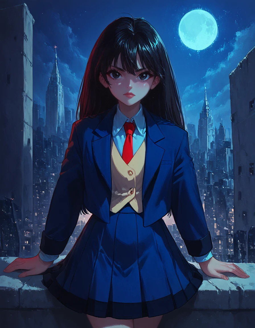 score_9, score_8_up, score_7_up, zPDXL, masterpiece, source_anime<lora:sn0wStyle:1> <lora:HKHorrorXL:1>1girl, solo, skirt, necktie, moon, long hair, jacket, red necktie, black hair, looking at viewer, full moon, night, pleated skirt, shirt, blue skirt, school uniform, black eyes, sky, collared shirt, bangs, setsuna saizuki<lora:Setsuna_Saizuki_Evil_Zone:1>outdoor city