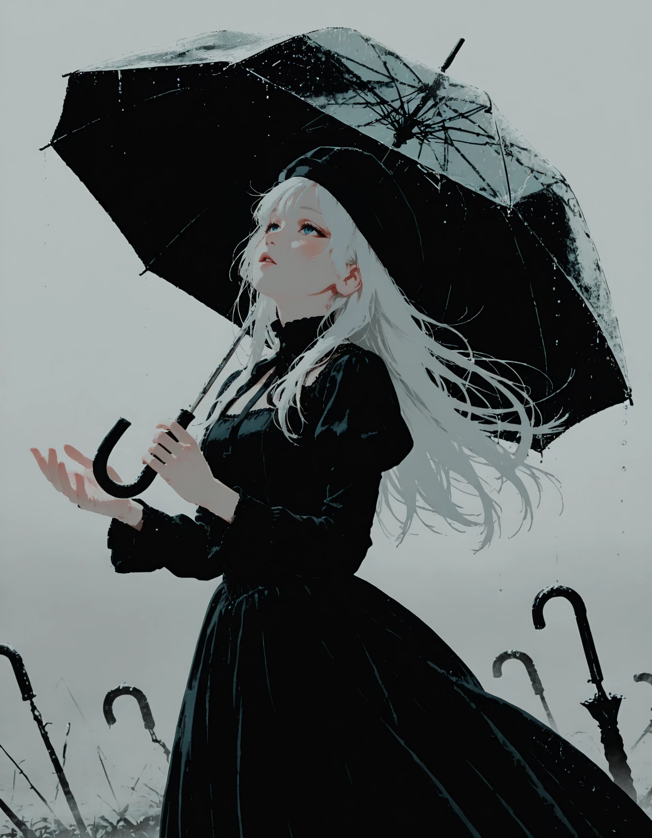 masterpiece, best quality, 1girl, standing, cowboy shot, side view, umbrella, (dark:1.3), light rays, crack of light, black dress, puffy dress, long dress, noble hat, raining, white hair, hair with wind, parted lips, looking up, blush, blue eyes, pale skin, blue eyes, white hair, long hair, bangs, solo, fog, outstretched hand, reaching, anime coloring, anime screencap, <lora:lora:0.5>, <lora:dcr34sed-c0l0ring:1> dcr34sed_c0l0ring