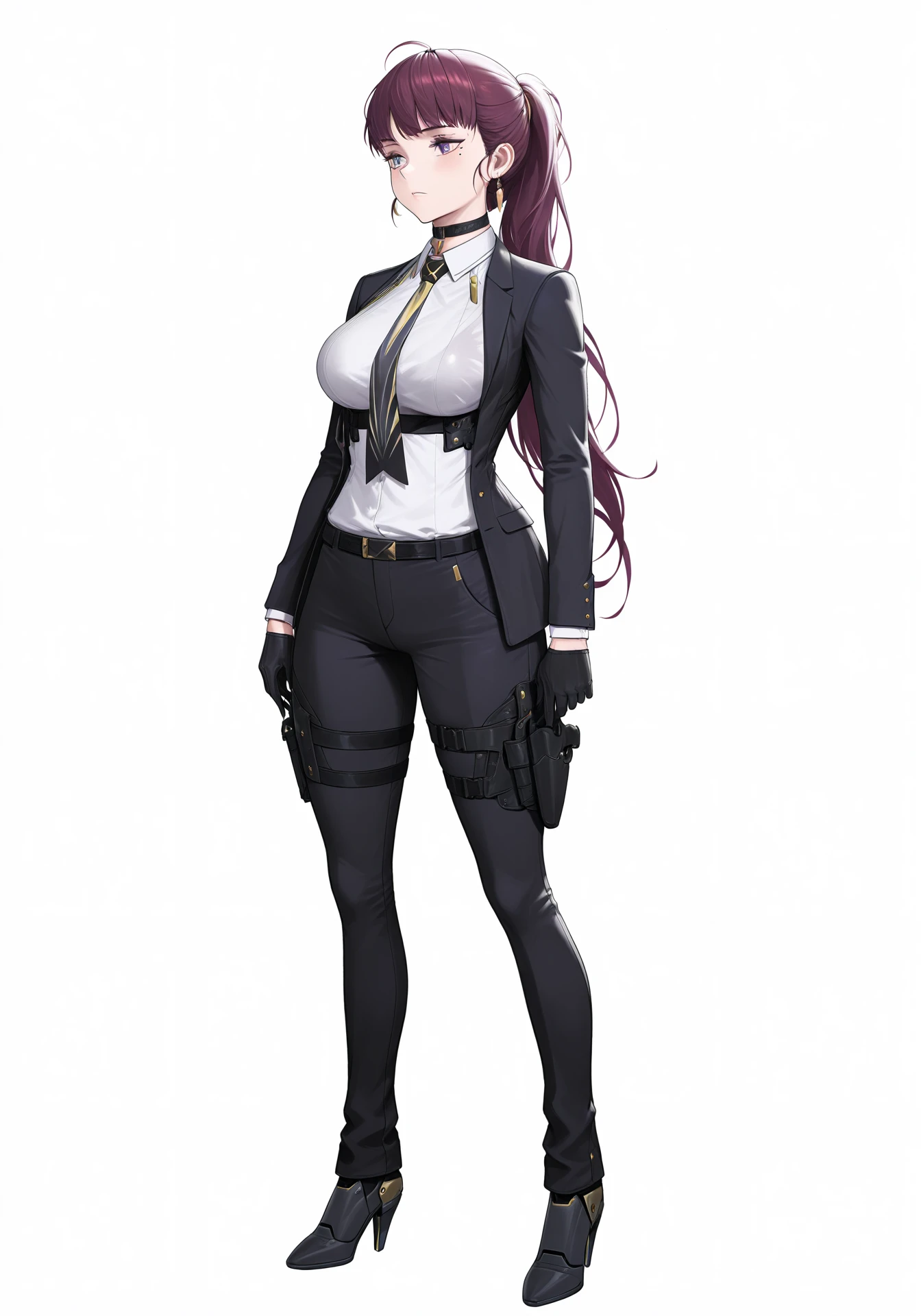 white background,1girl,nikkedollasuit,black mechanical boots,black pants suit,black gloves,golden jewelries on collar,dress shirt,golden earrings,black holster on thigh,black choker,buckle,golden purple black necktie,mole under eye,harness under breast,
full body,standing,
masterpiece,best quality,amazing quality,<lora:pony nikke dolla-0000101:1>,