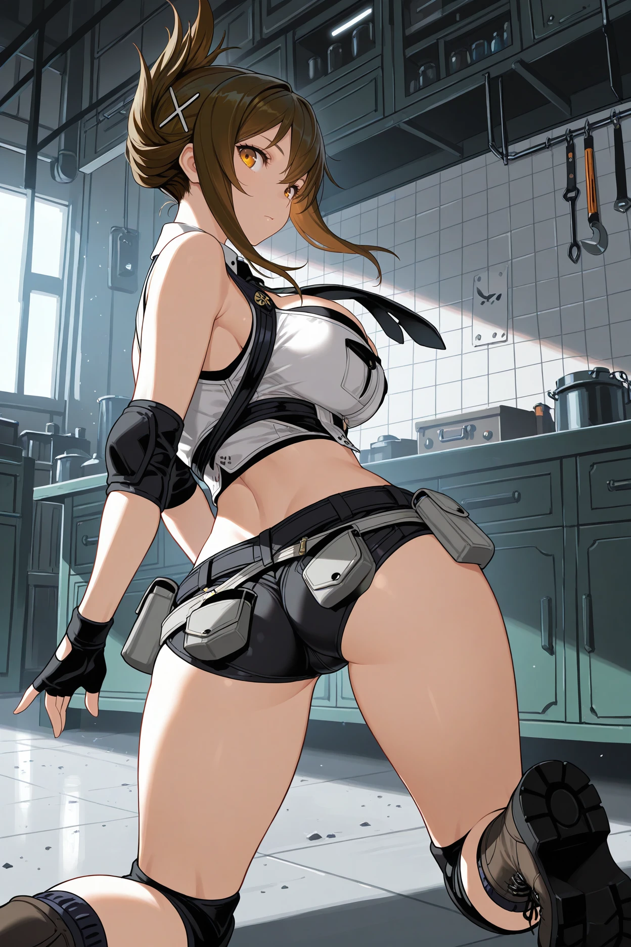 masterpiece, best quality, 1girl, solo, <lora:srtchitose-illu-nvwls-v1-000006:1> srtchitose, brown hair, folded ponytail, amber eyes, hair ornament, shirt collar, white crop top, sleeveless, black necktie, cleavage, midriff, black shorts, short shorts, belt, pouch, elbow pads, fingerless gloves, knee pads, lace-up boots, large breasts, kneeling, from behind, butt, looking back, looking at viewer, workshop, cabinet