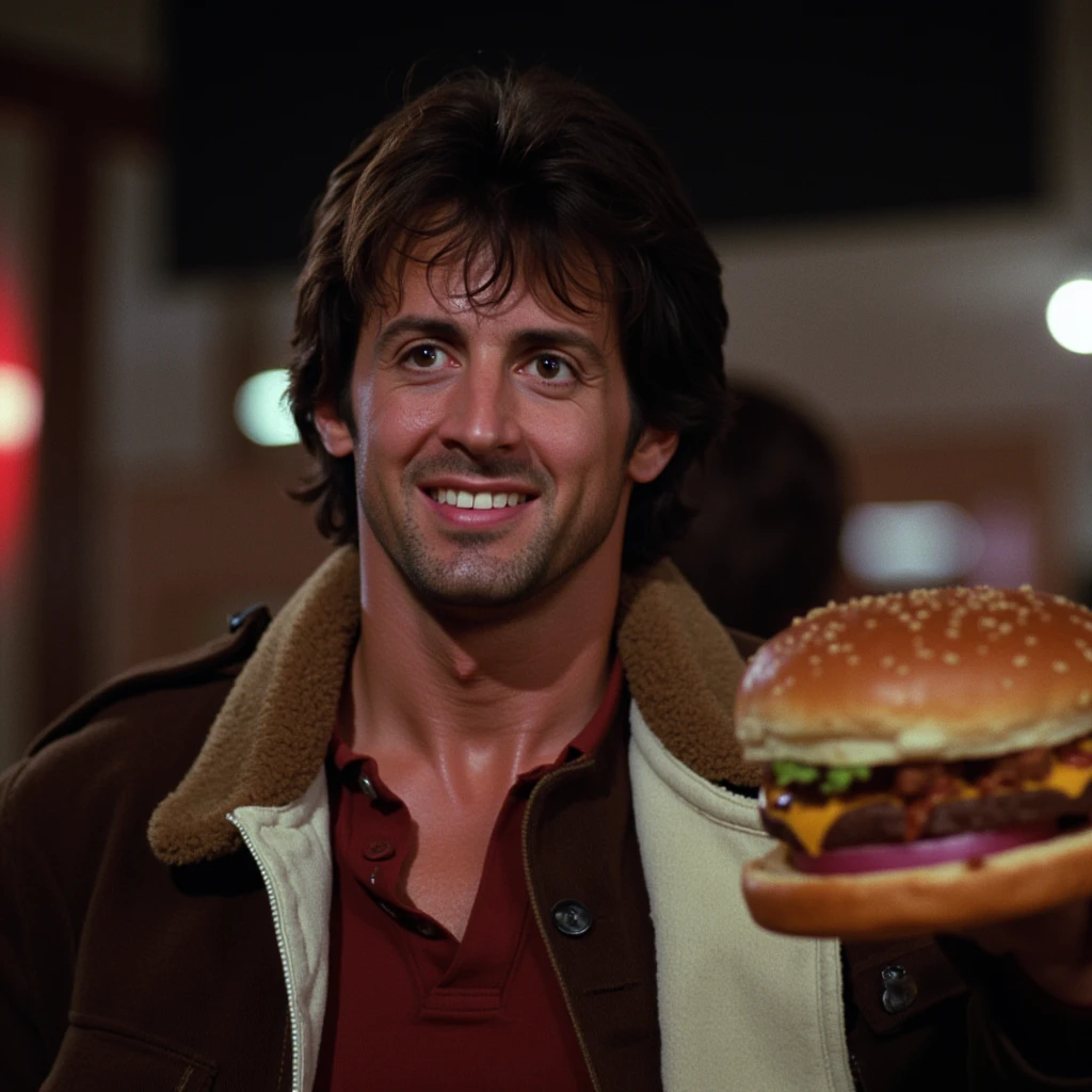 cinematic film still of <lora:1980's Cobra film style v1:0.7>
In 1980's cinematic film style Sylvester Stallone Marion Cobretti a smiling man holding a huge hamburger, shallow depth of field, vignette, highly detailed, high budget, bokeh, cinemascope, moody, epic, gorgeous, film grain, grainy