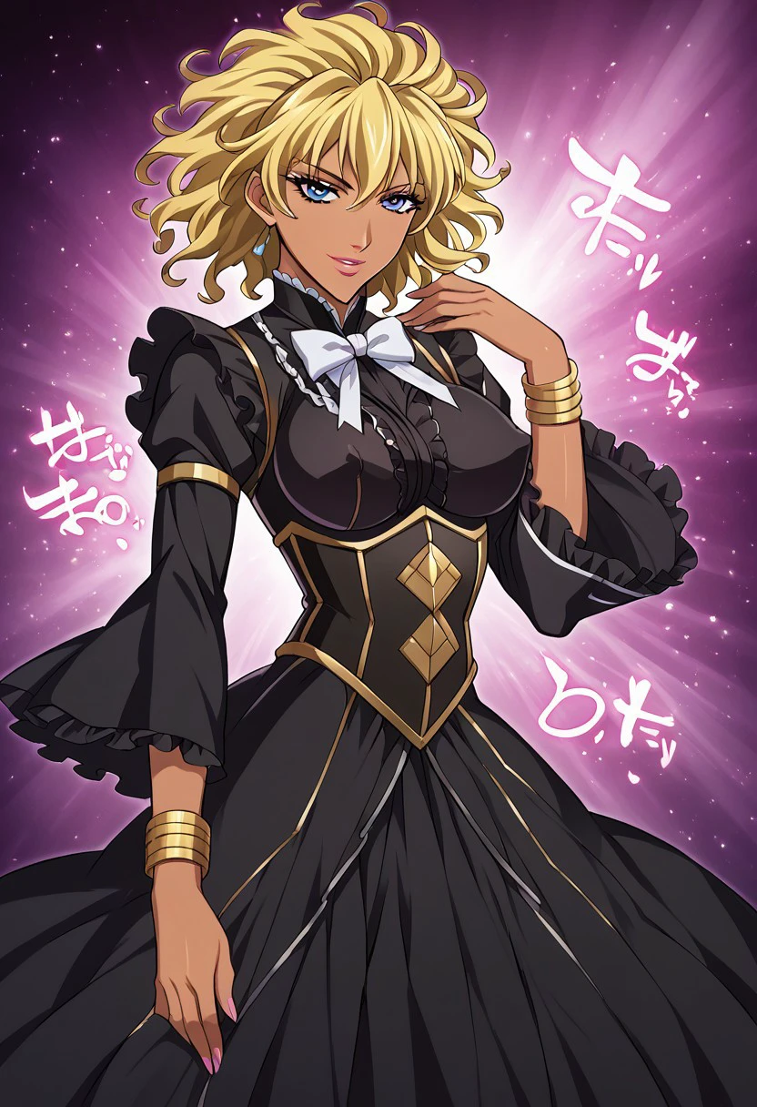 SherryCromwellTMnI, 1girl, solo, dark skinned female, blonde hair, short hair, messy hair, wavy bob, bangs, blue eyes, lips, lipstick, large breast, pitch-black dress, dress ornament, gothic style dress, frills all over the edges,  lace  dress, black shoes,  jewelry, corset, bracelet, white bow tie, wide sleeves,
seductive pose, sexy pose, tease,  in the spotlight,,
smile,    jojo reference,
score_9, score_8_up, score_7_up, beautiful aesthetic, very intricate, high quality details,vibrant, highly detailed, award-winning, professional,anime artwork, anime style, studio anime, athletic, curvy body, athletic girl, perky tits,large breast,perfect tits, round breasts, nipple outline,looking at viewer, pinup pose,teasing, dynamic lighting, cinematic, smug, better than you, aura of temptation, highly detailed, high resolution, masterpiece, detailed clothes, detailed background, highly detailed, ((sound effects)) comic layout,