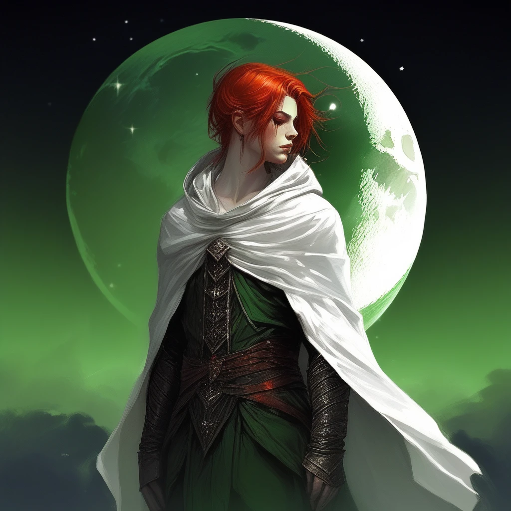 reflection, hood, white cape, crescent moon, green theme, sky, moon, embers, red hair