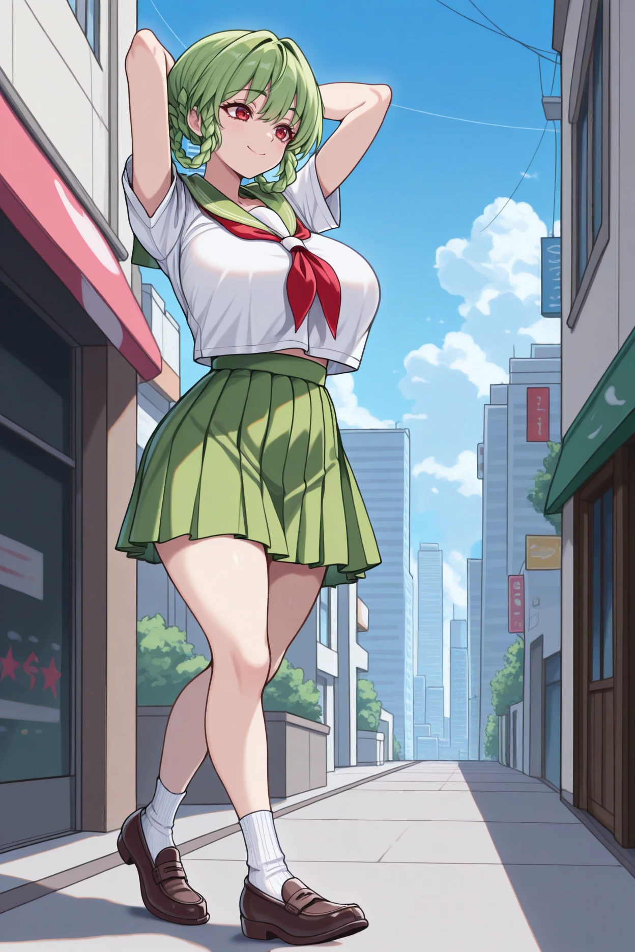 masterpiece, best quality, 1girl, solo, <lora:srtmina-illu-nvwls-v1-000006:1> srtmna, braided hair rings, green hair, red eyes, large breasts, white shirt, short sleeves, green sailor collar, neckerchief, green skirt, pleated skirt, arms behind head, smile, city, blue sky, socks, loafers, full body, arms behind head, walking