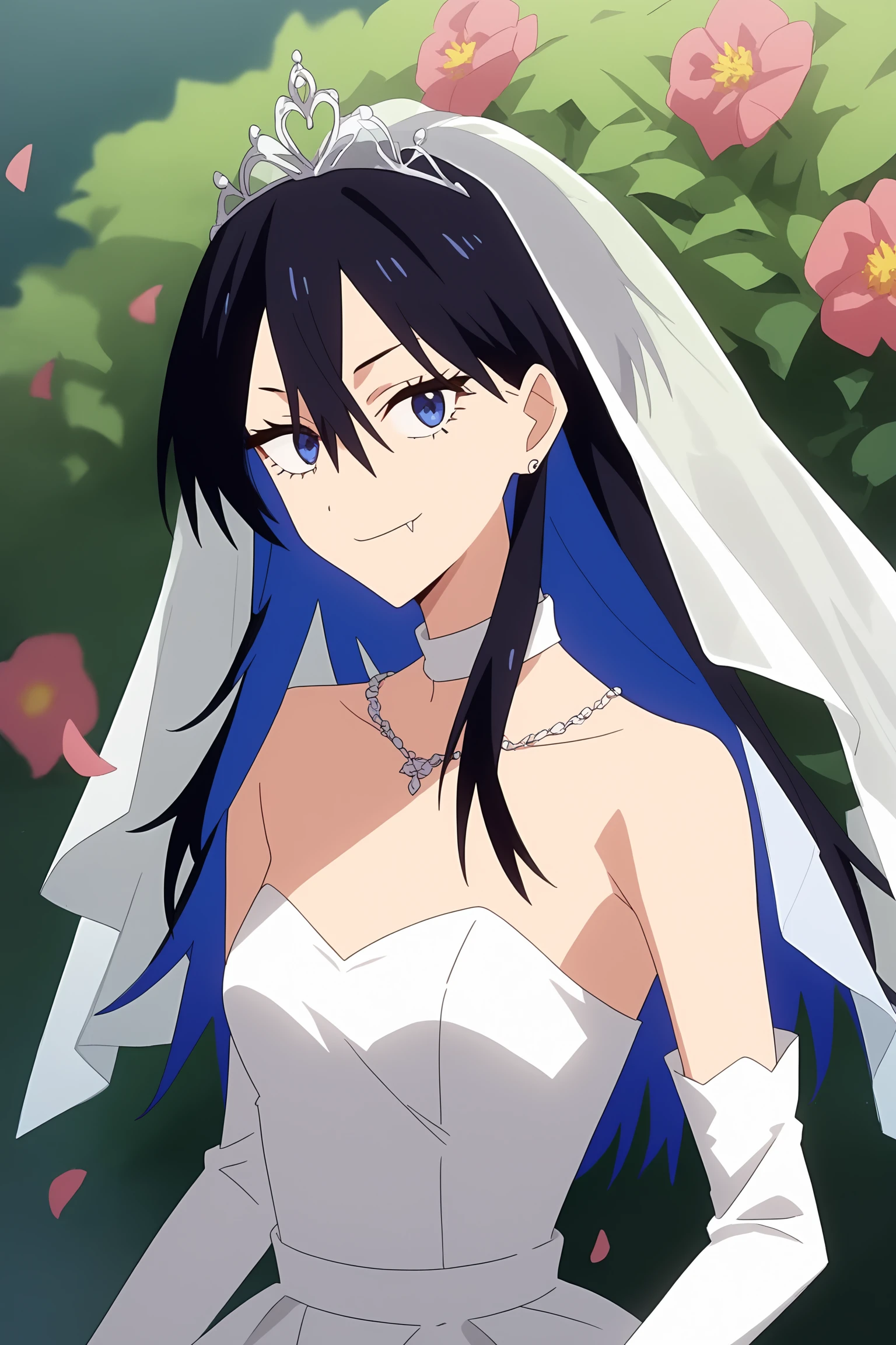 score_6_up, score_5_up, score_4_up, score_9, score_8_up, score_7_up, highly detailed, anime_source, anime_screencap, anime coloring, 1girl, solo, long hair, bangs, blue eyes, black hair, hair between eyes, blue hair, multicolored hair, two-tone hair, colored inner hair, fang, okami-chan, <lora:RGV_okami-chan:0.8>, wedding dress, white dress, gown, bridal veil, frills, tiara, detach sleeves, white elbow gloves, jewelleries, flower petals, outdoors, garden, looking at viewer, smile, portrait