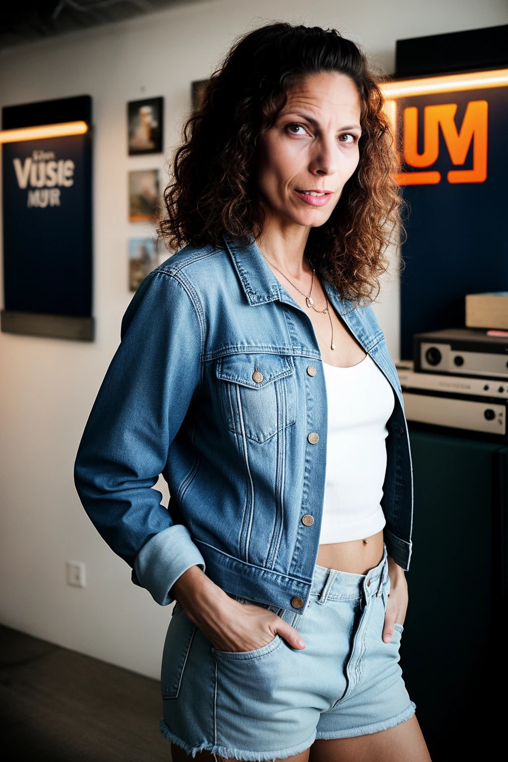 analog photo, portrait of woman, WifeCrazy, wearing denim jacket, at the vynil music store, volumetric lighting, best quality, masterpiece, <lora:add_detail:0.8>, <lora:WifeCrazy:1>,