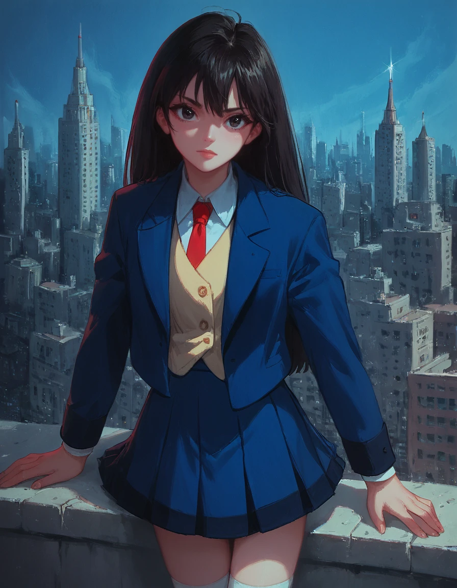 score_9, score_8_up, score_7_up, zPDXL, masterpiece, source_anime<lora:sn0wStyle:1> <lora:HKHorrorXL:1>1girl, solo, black hair, school uniform, long hair, skirt, black eyes, socks, jacket, setsuna saizuki<lora:Setsuna_Saizuki_Evil_Zone:0.8> night, city, dark